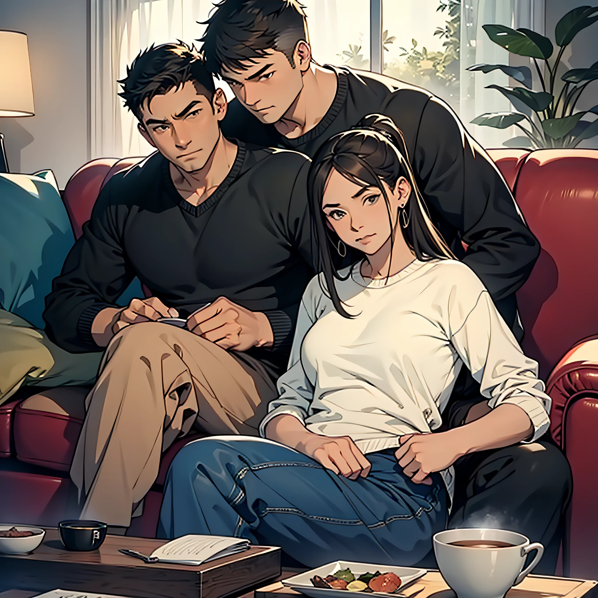 The middle-aged couple looked at the camera on the sofa with dissatisfaction