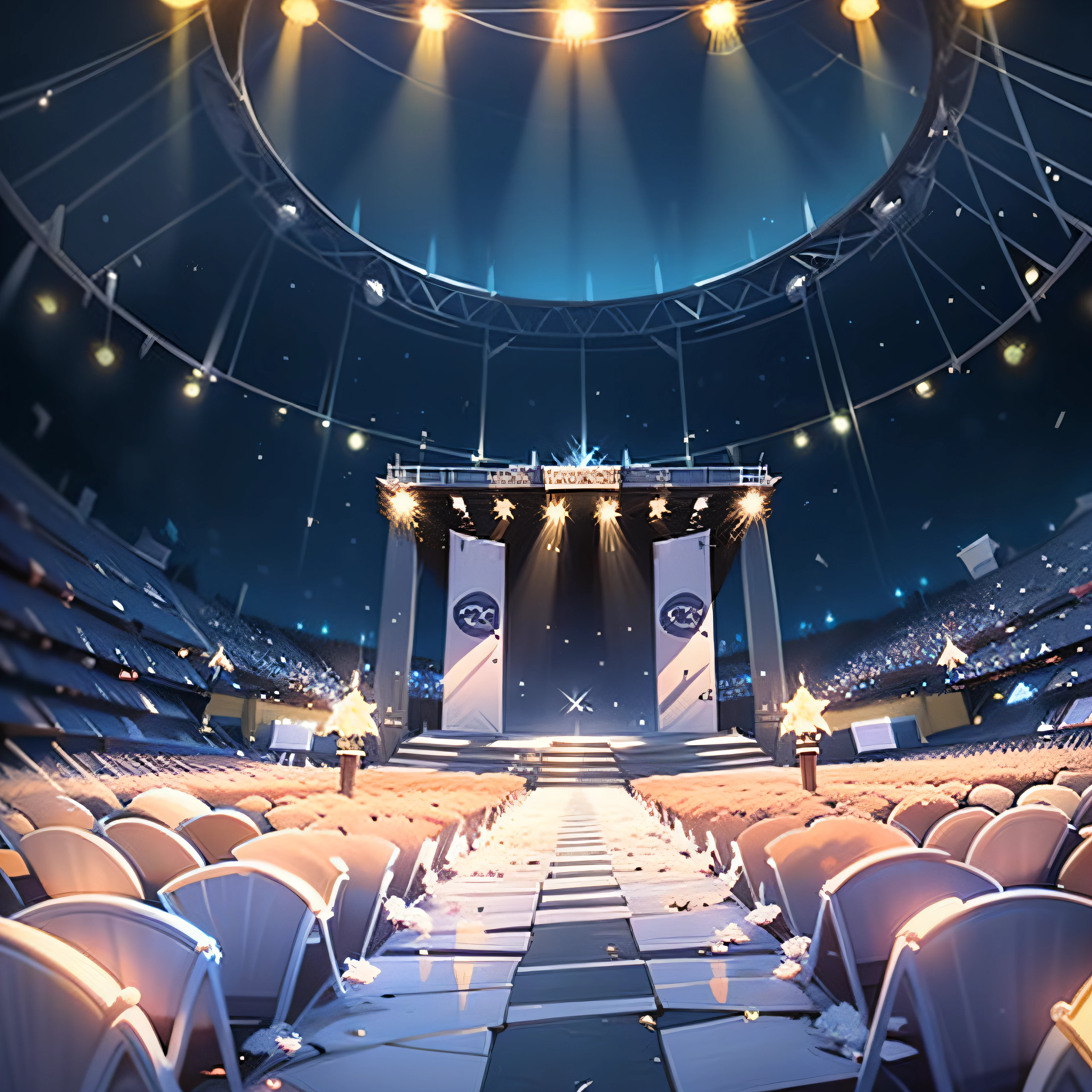 Top-down view，Close-up，Close-up of the stage，Stage floor，4/The area of 5 is the ground，The audience waved，lamplight，cheer，streamers，quadratic element，4k高清，
