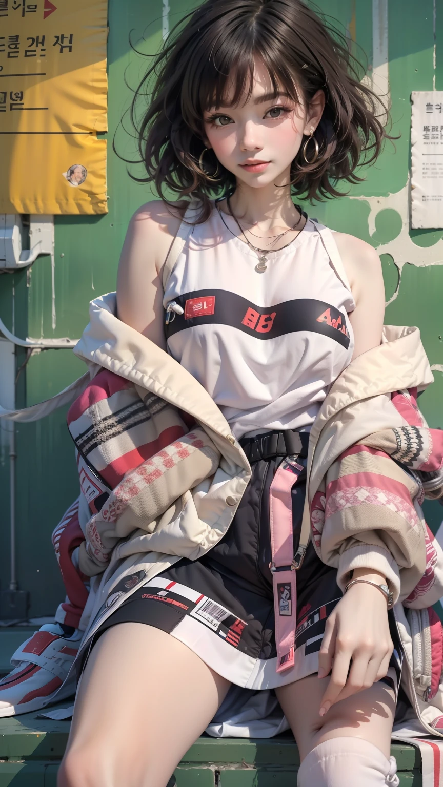 1girll, 独奏, the feet,looking at viewert,floated hair, a skirt, Leaky shoulders,Korean style photo photos,jewely, athletic sneakers, short detailed hair, 耳Nipple Ring, brunette color hair, longer sleeves, By bangs, A brown-haired, with brown eye, full bodyesbian, White socks,Extremely colorful, White footwear,Columnar patch background,Geometric pattern stitching background,