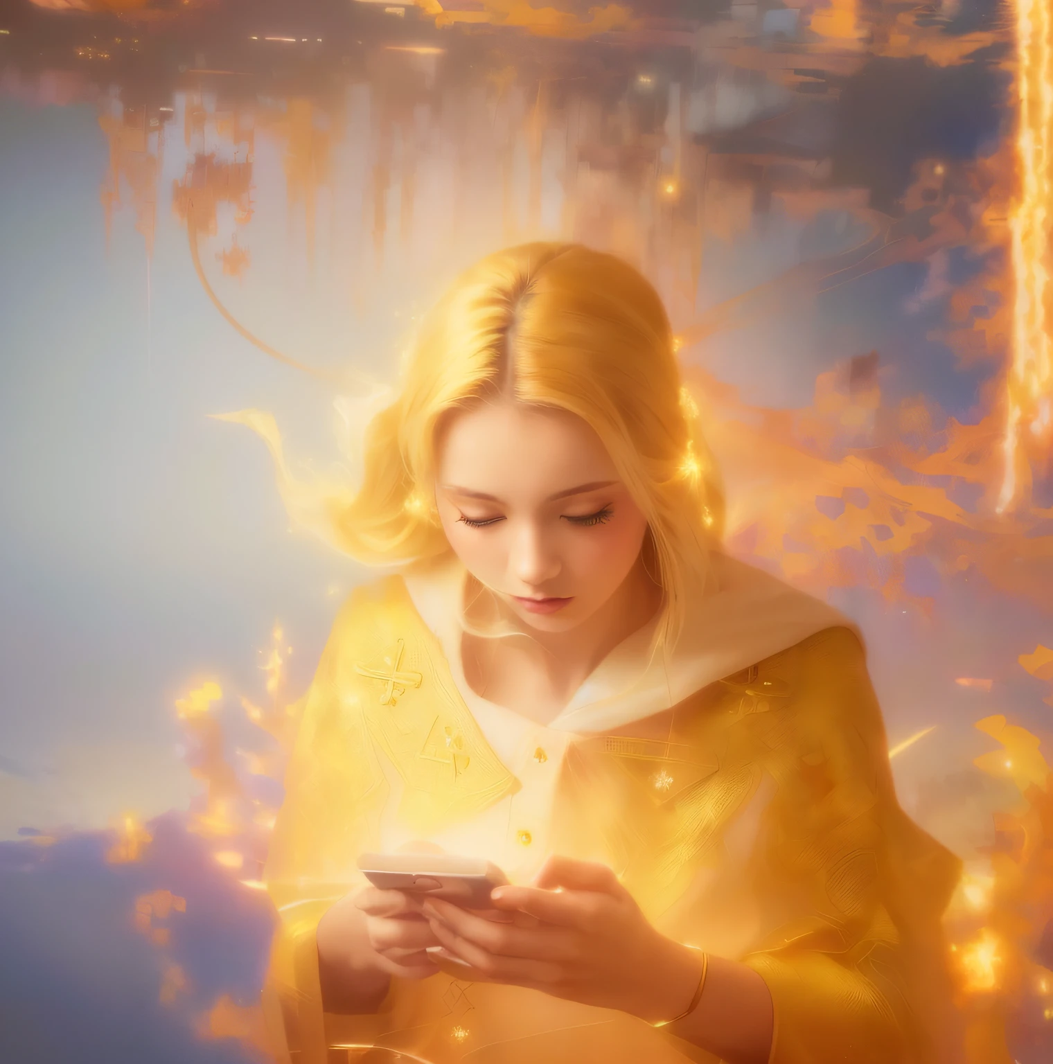 (masterpiece, top quality, best quality, official art, beautiful and aesthetic:1.2), (1girl), extreme detailed, (fractal art:1.3), colorful, highest detailed, perfect face, upper body, HDR, (praying:1.3), (white cloak golden lines:1.2), galaxy, (light streaks), striking visuals, (dynamic streaks, luminous trails:1.2), vibrant colors,
