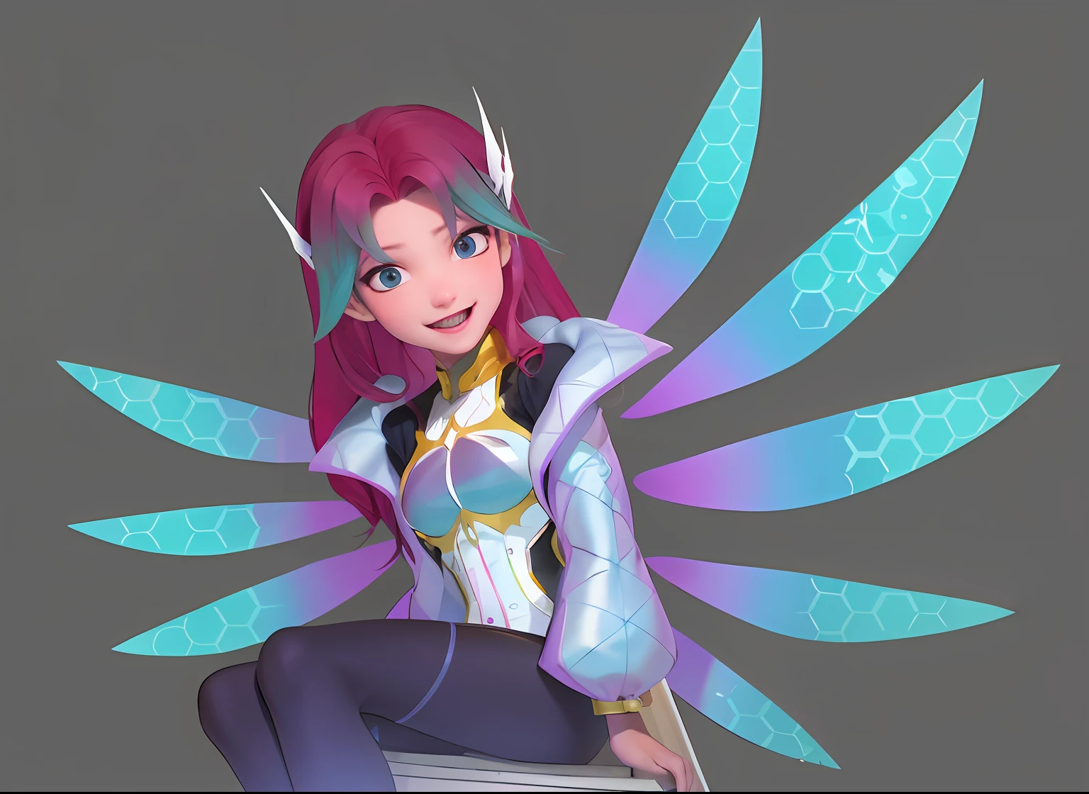 （tmasterpiece：1.4）， （best qualtiy：1.4）， （A high resolution：1.4）， Red long-haired， ssmile，Tech laser clothing，