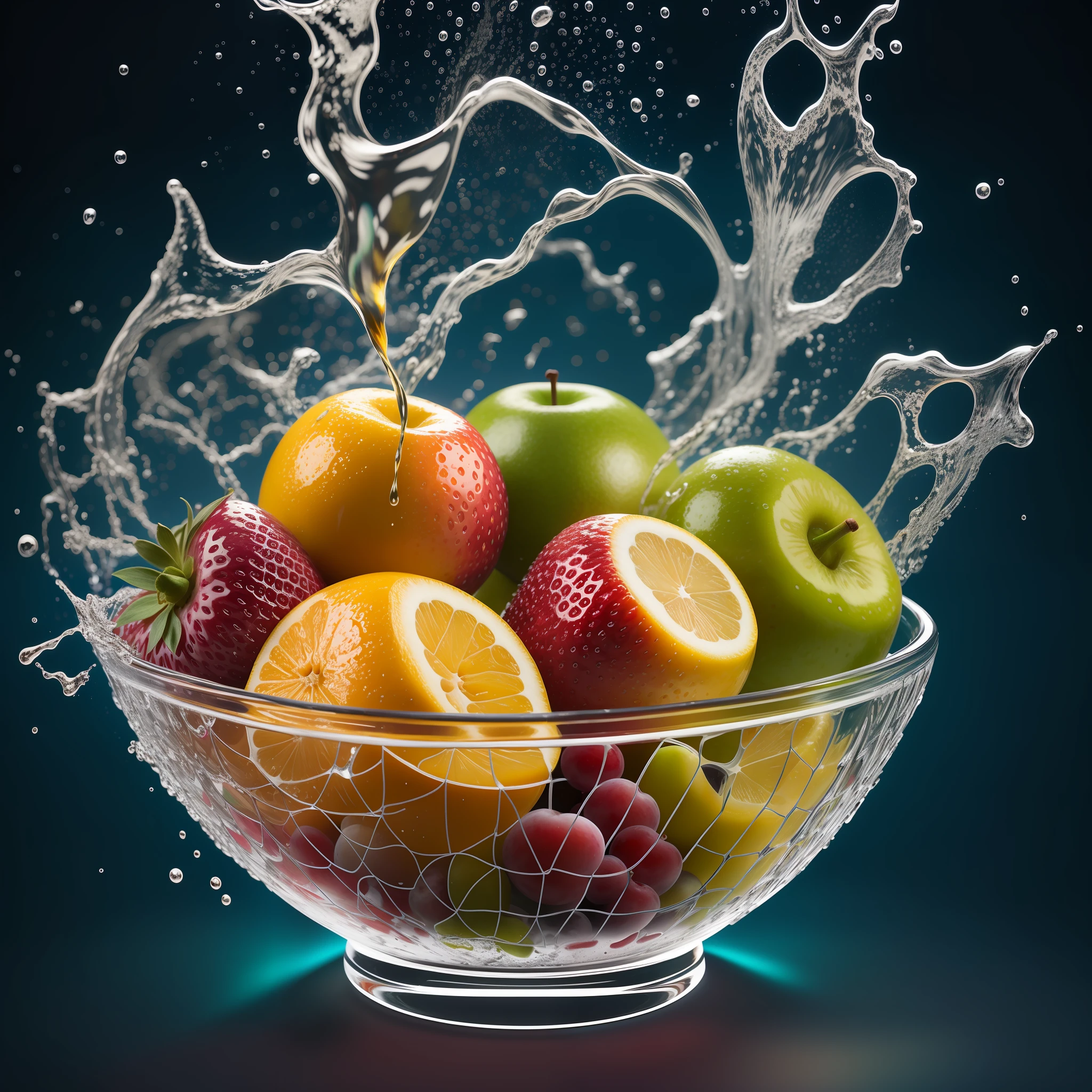 Fresh Fruit Splashing in a Bowl in a dark blue lighting background, Salpicadura de jugo de fruta, super fine detail, colores brillantes, 8K resolution, volumetric illumination, cinema4d, Super resolution, CGSociety, resina transparente, Ultra gran angular, cinematic lighting, Super detailed, ambiance, Stunningly Detailed, bellamente iluminado, insanely detailed and intricate, hipermaximalista, malhumorado, Regla de los tercios, Texturas, Motor irreal