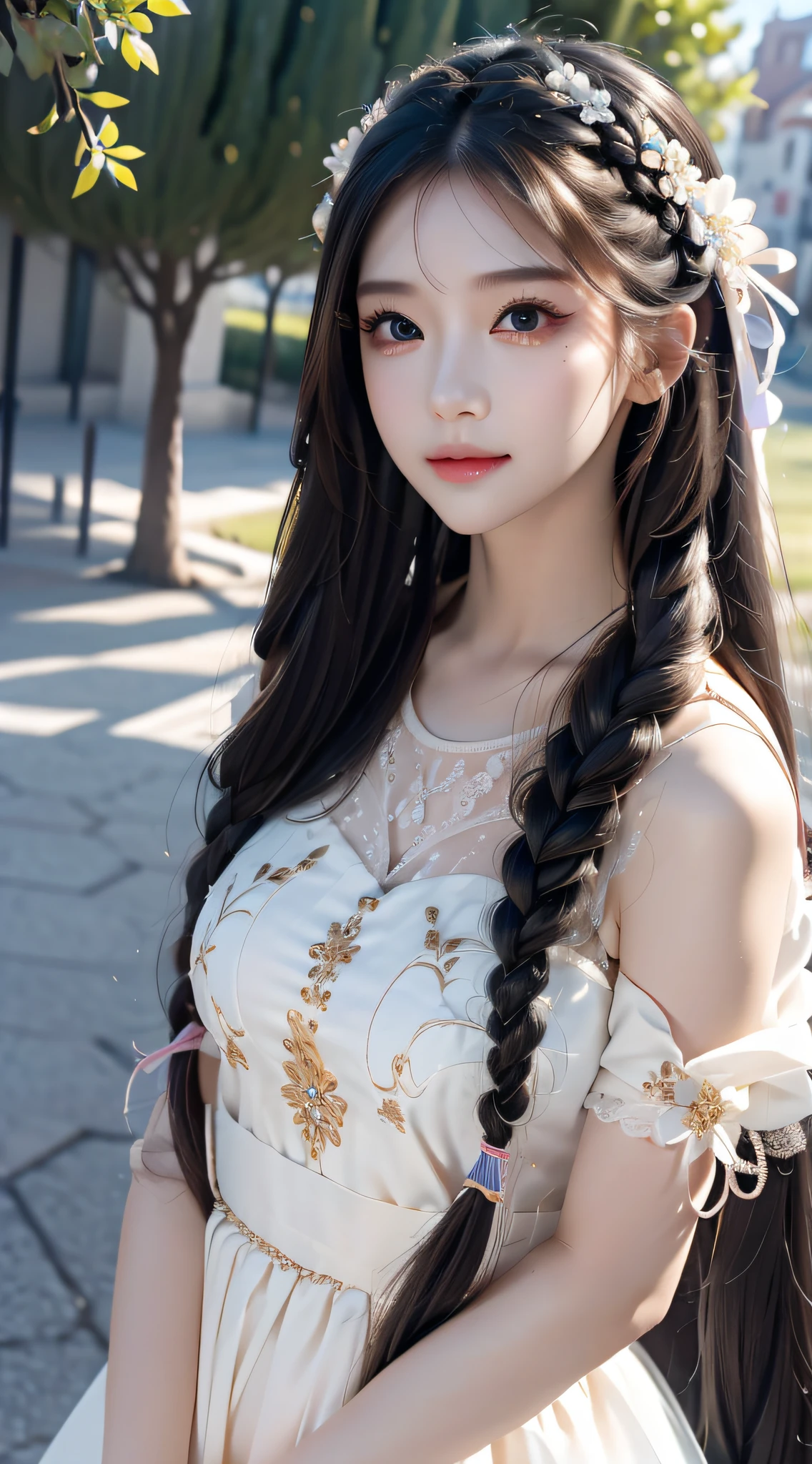 high detal,8K分辨率,超高分辨率,A young girl, a cute girl，Rainbow bright light long hair twisted braids，Colorful clear eyes，Wearing colorful flowers on the head,(Smooth hair,鎖骨,Delicate and perfect facial features, the most beautiful big eyes,Long eyelashes,The eyes are sweet and there are lying silkworms,ssmile，The face is clear，complete，dynamic angle,extreme picture quality,Highest precision,Precise and perfect human anatomy，Gray white，Clothes fabric, pure cotton twine，There are ornaments on the hair，in a panoramic view，Full body photo，Dance in the ancient town，active and lively