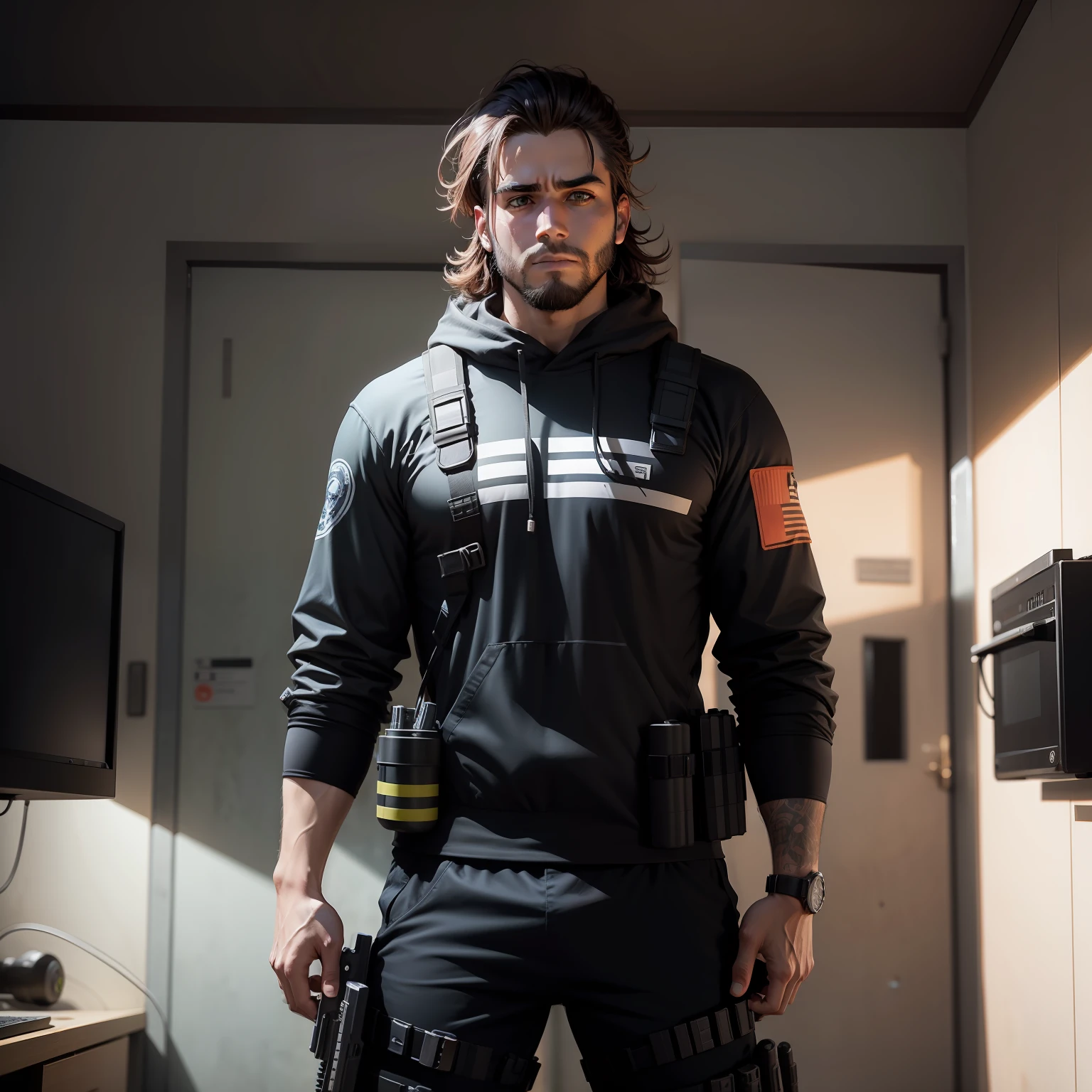 homem musculoso de cabelo curto em estilo de anime,terrorista do jogo CSGO
