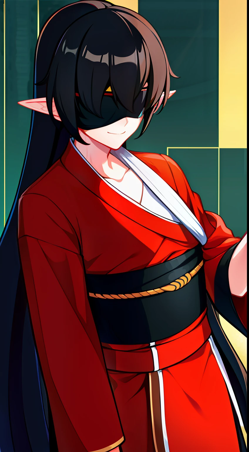 young boy, Long black hair, high ponytail, elf ears, covered eyes, blindfold, open kimono, open torso, flute, Snake, smirk, Masterpiece, hiquality