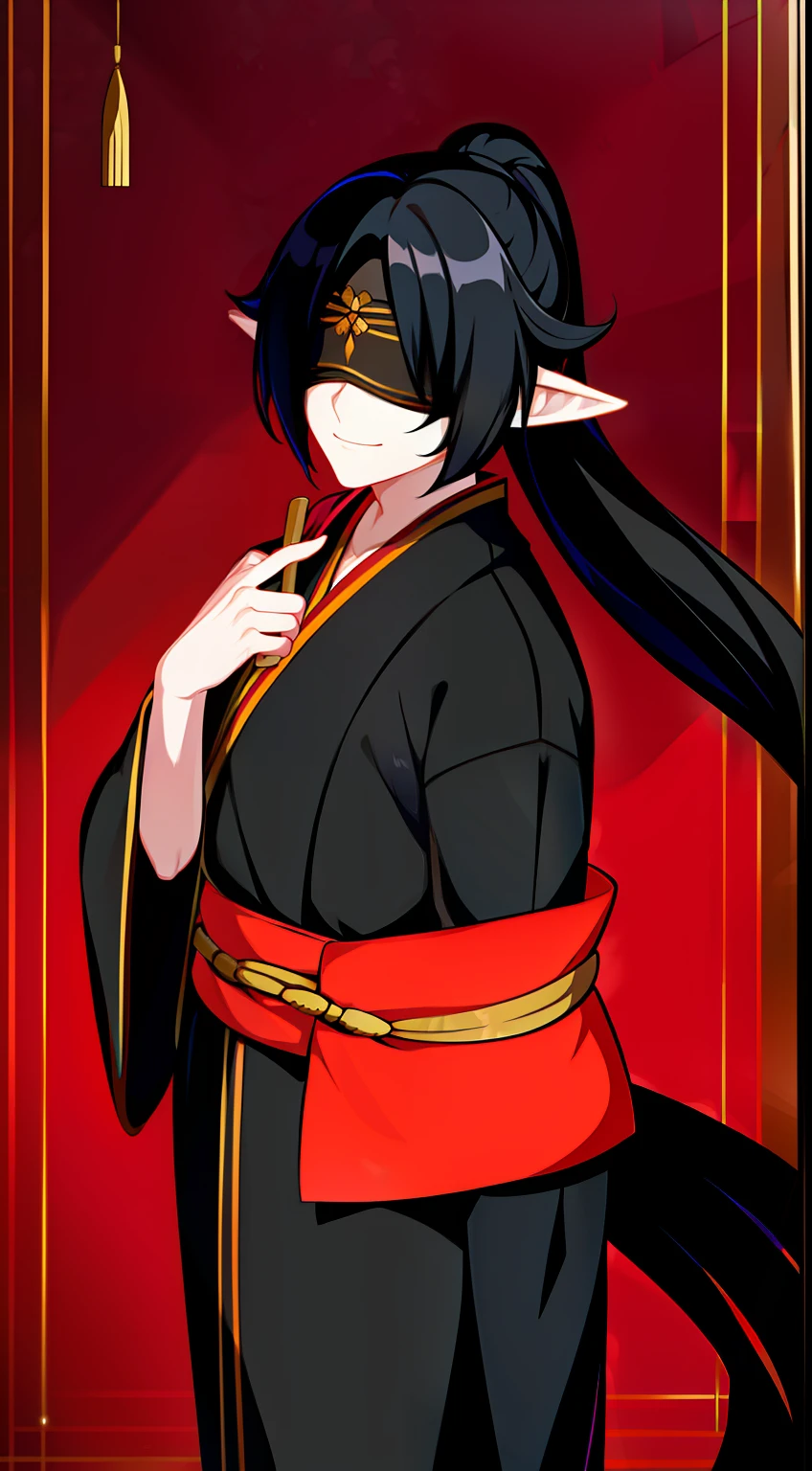 young boy, Long black hair, high ponytail, elf ears, covered eyes, blindfold, open kimono, open torso, flute, Snake, smirk, Masterpiece, hiquality