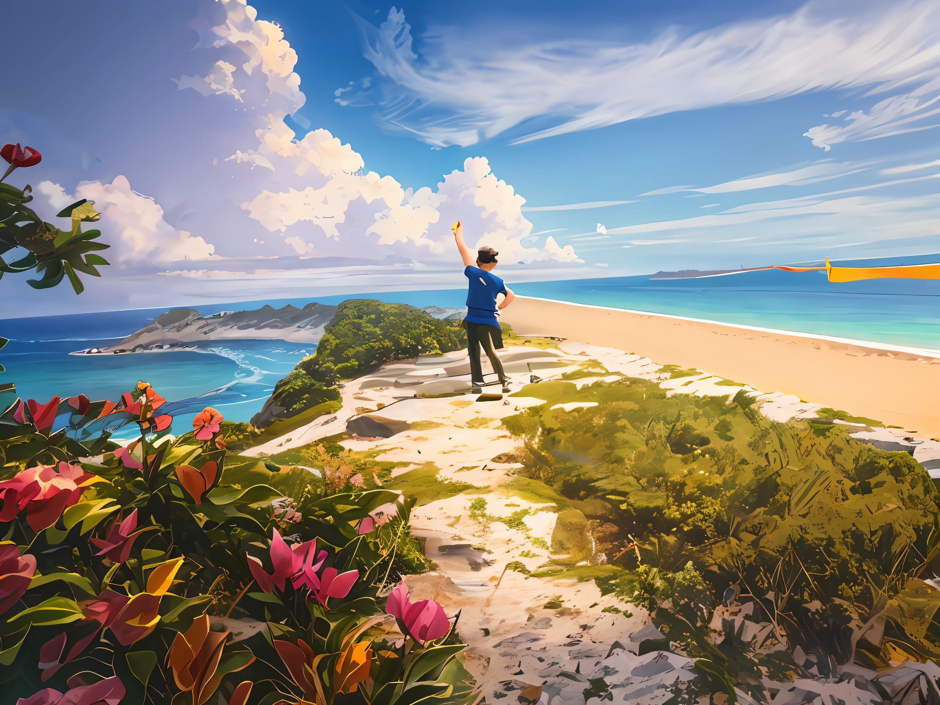 There is a man flying a kite on the beach, okinawa japan, victorious pose, On the island, Pointing to the Heavens, Stand on a rock, Standing on a cliff, iphone capture, Posing!!, Stand on a rock, Girl dancing on the cliff, photoshot, near a jetty, Island in the background, Itoman Man Standing by the Sea