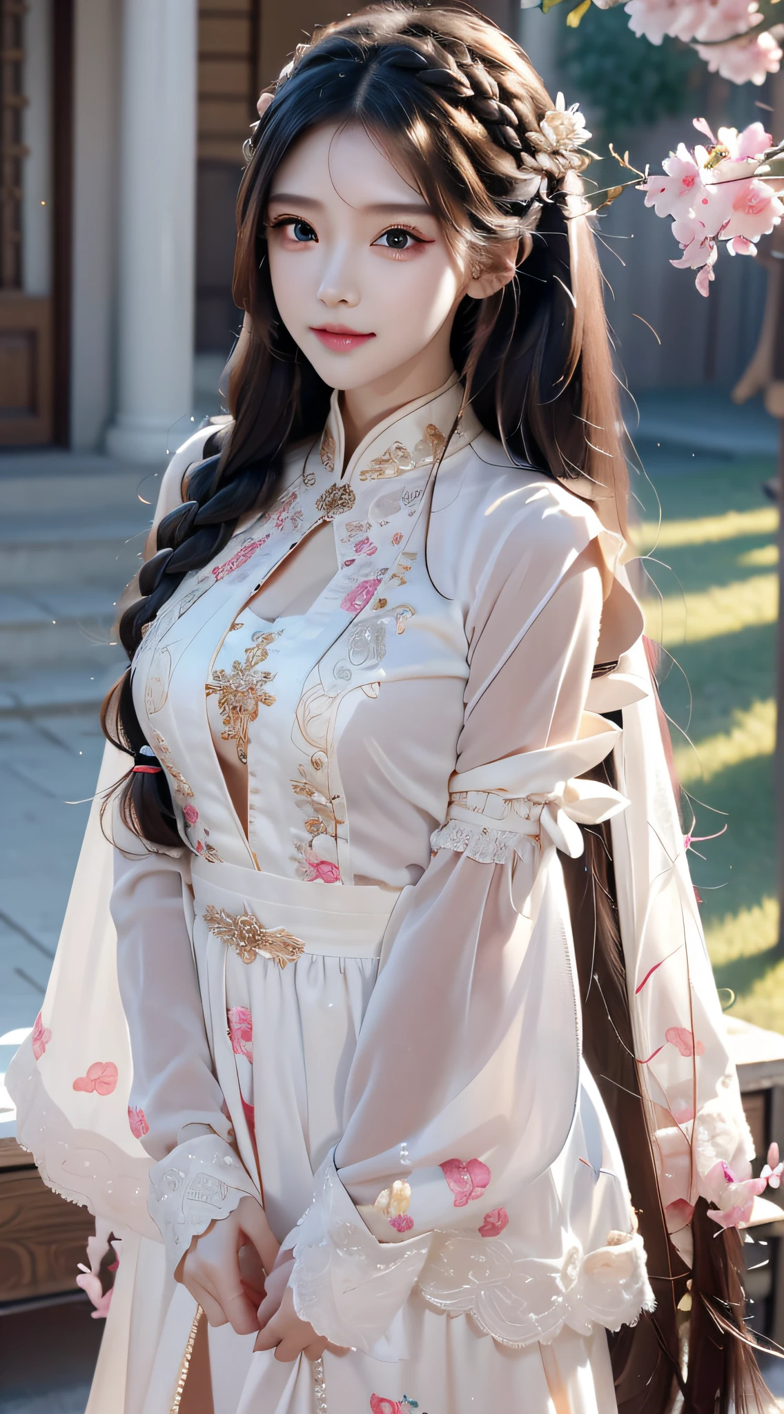 high detal,8K分辨率,超高分辨率,A young girl, A cute girl,Rainbow bright light long hair twisted braids,Colorful clear eyes,Wearing colorful flowers on the head,(Smooth hair,鎖骨,Exquisite and perfect facial features, the most beautiful big eyes,Long eyelashes,The eyes are sweet and there are lying silkworms,ssmile,The face is clear,Complete,dynamic angle,Extreme picture quality,Highest precision,Precise and perfect human anatomy,Off-white,Garment fabrics, Cotton twine,There are ornaments on the hair,in a panoramic view,Full body photo,Dance in the ancient town,Active and lively