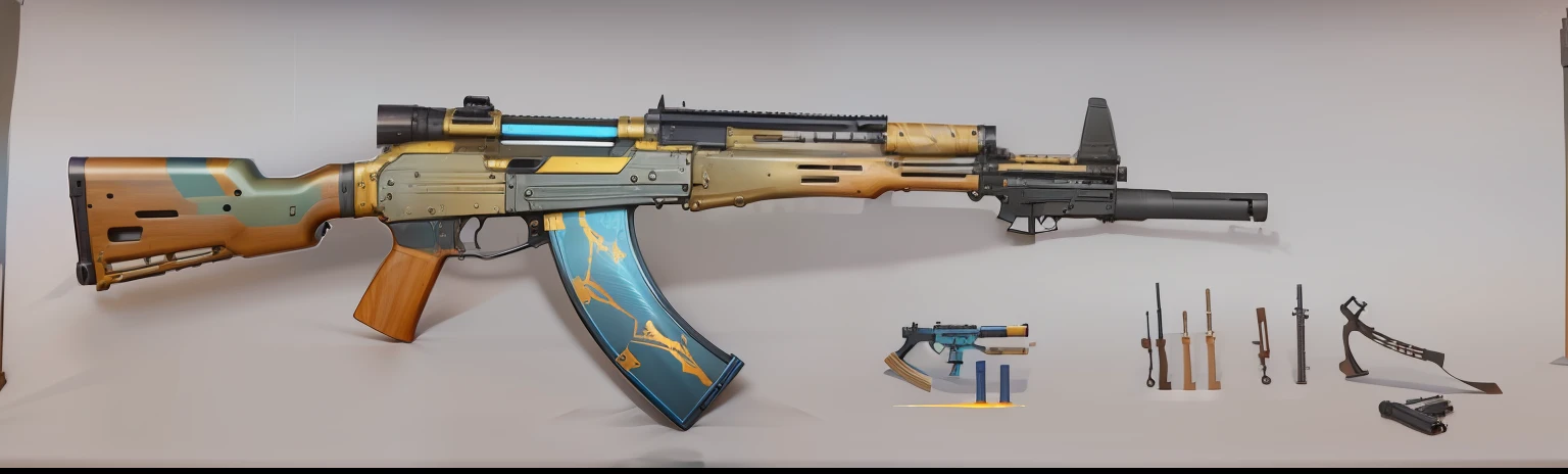 rifles，AK47，unlimited，brightly，Metallic stock，Metal gun body，Dance of water and fire，Blazing light，blue colors，red colour，amarelo，cyan colors，green color，Silvertone，Golden bayonet