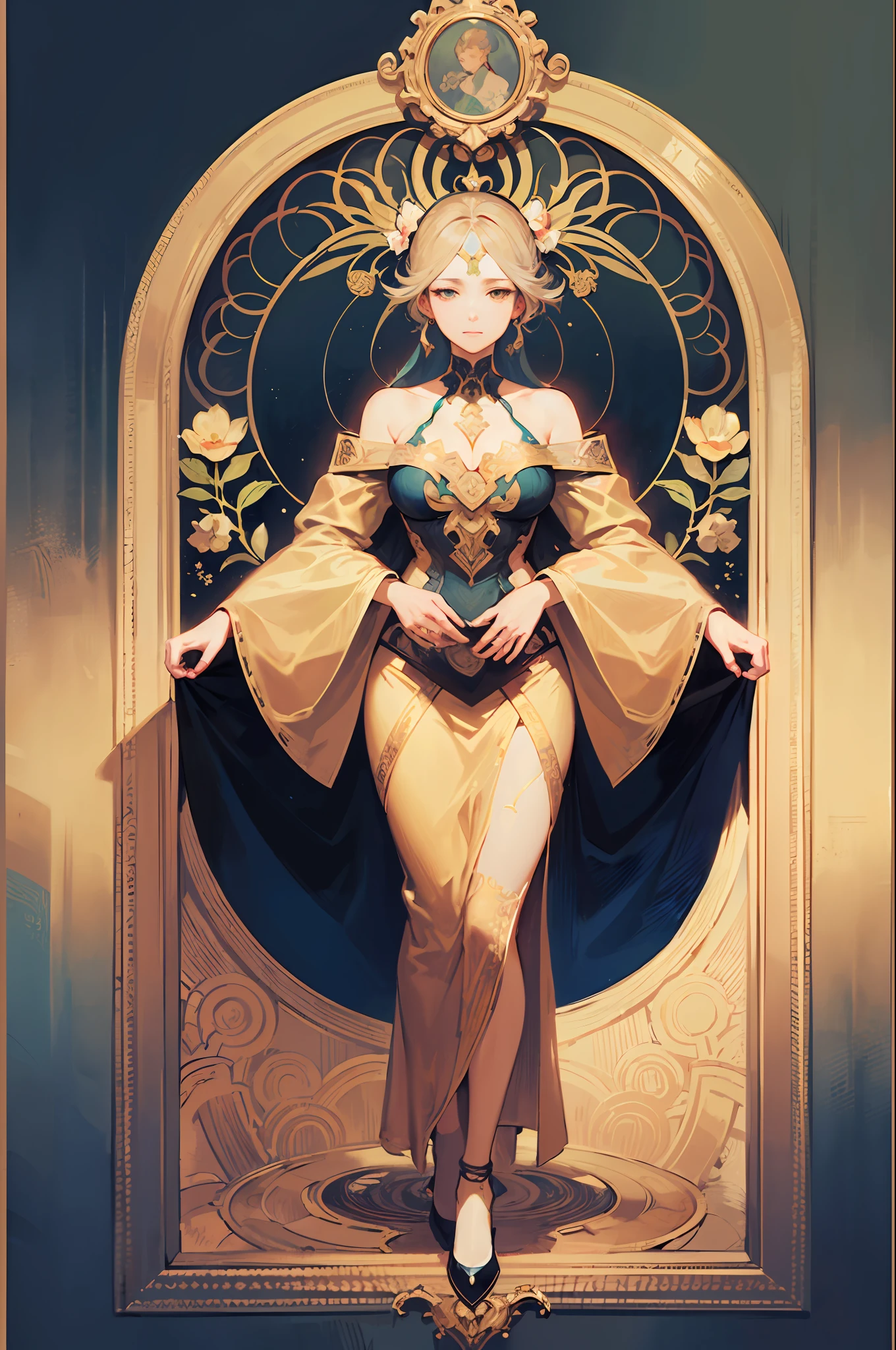 Personification of black tea、Lady Frame、Decorative panel、abstract  art、By Alphonse Mucha (​masterpiece、top-quality、hight resolution: 1.4)、More about realism、intricate-detail、4K、color splashes、line-drawing、Fibonacci、Tarot Cards