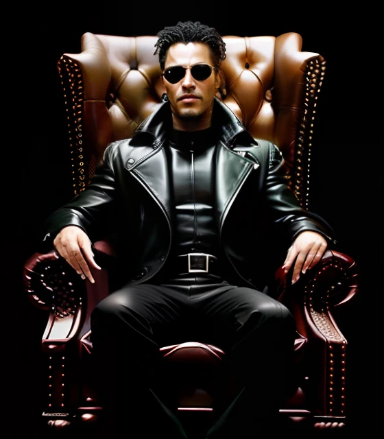 Man in leather jacket sitting in a chair with his hands out, pipoca como Morpheus, Morpheus, No novo filme Matrix, em matriz, Trindade a Matriz, Trindade da Matriz, neo da matriz, neo da matriz, Shrek como Neo de Matrix, na matriz, estilo matricial, como matriz, matriz, A Matriz