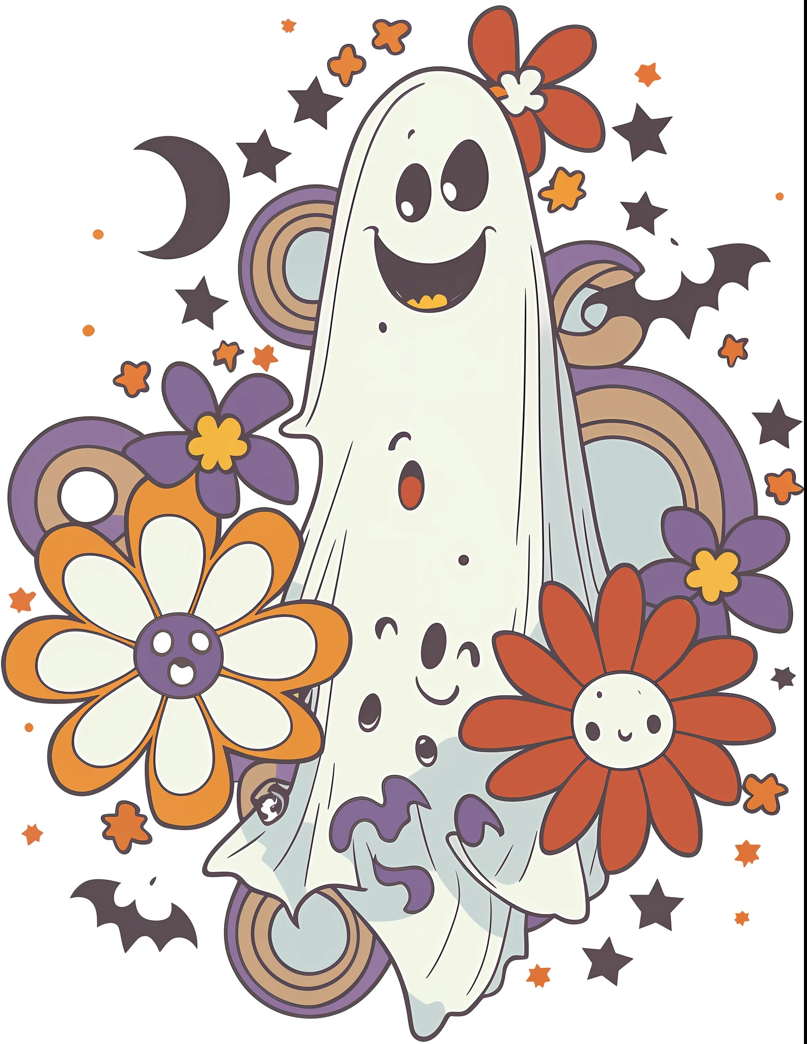 Cartoon ghost with flowers and stars close-up, onimous, halloween art style, halloween wallpaper with ghosts, cute funny ghost, scary ghost, in a halloween style, Ghostly, haunting and spooky, cartoonish vector style, ghost, irridescent ghostly, floating ghost, casper the friendly ghost, halloween theme, spooky halloween theme, Unforgettable appearance, haunting!.2D