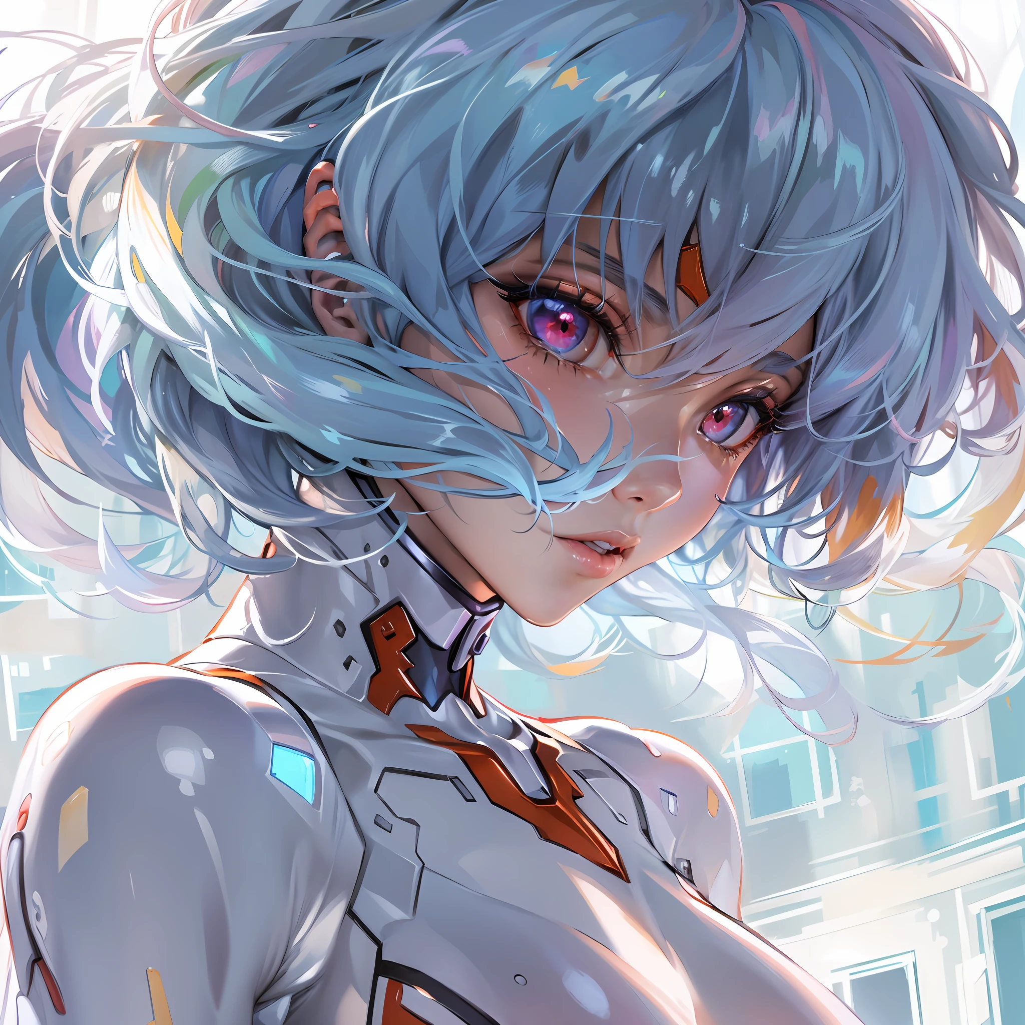 (La mejor calidad, Obra maestra, De color, Dynamic Angle, highest detailed)(Rei ayanami), Foto de la parte superior del cuerpo, Fashion photograph of flirting with the girl with wavy blue hair (Rei ayanami), Ojos rojos detallados, vestido alto detalle traje blanco de Evangelion (High-resolution textures), in dynamic pose, Bokeh, (Detalles intrincados, hiperdetallado:1.15), Detallado, sunlight passing through the hair, Fondo colorido de splash art, (alto contraste, Arte oficial de Evangelion, Extremadamente detallado, highest detailed),