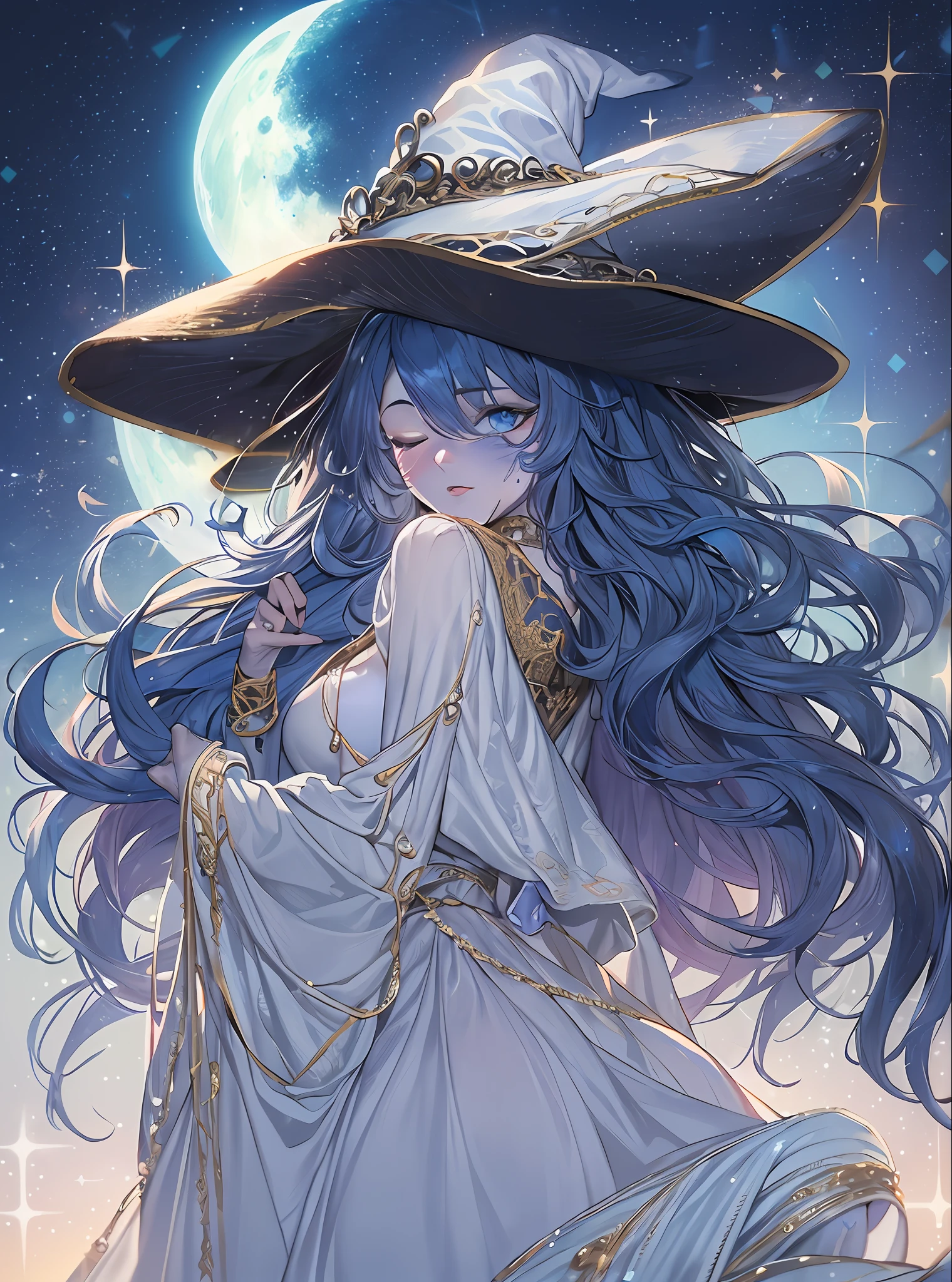 masterpiece, detailed, high quality, absurdres, ranni, 1girl, solo, cracked skin, doll joints, extra arms, one eye closed, blush, medium breasts, curvy, witch hat, white headwear, fur cloak, white dress, ring, cowboy shot, intricate details , moon , sitting in the moon , 1girl, (((Ranni))), (((elden ring))), (((Blue skin))), blue face, four arms, dark blue hair, long hair, wavy hair, dark blue eyes, one closed eye, witch hat, big hat, white hat, white dress, long dress, long sleeves, angelic aura, magical aura, hand behind