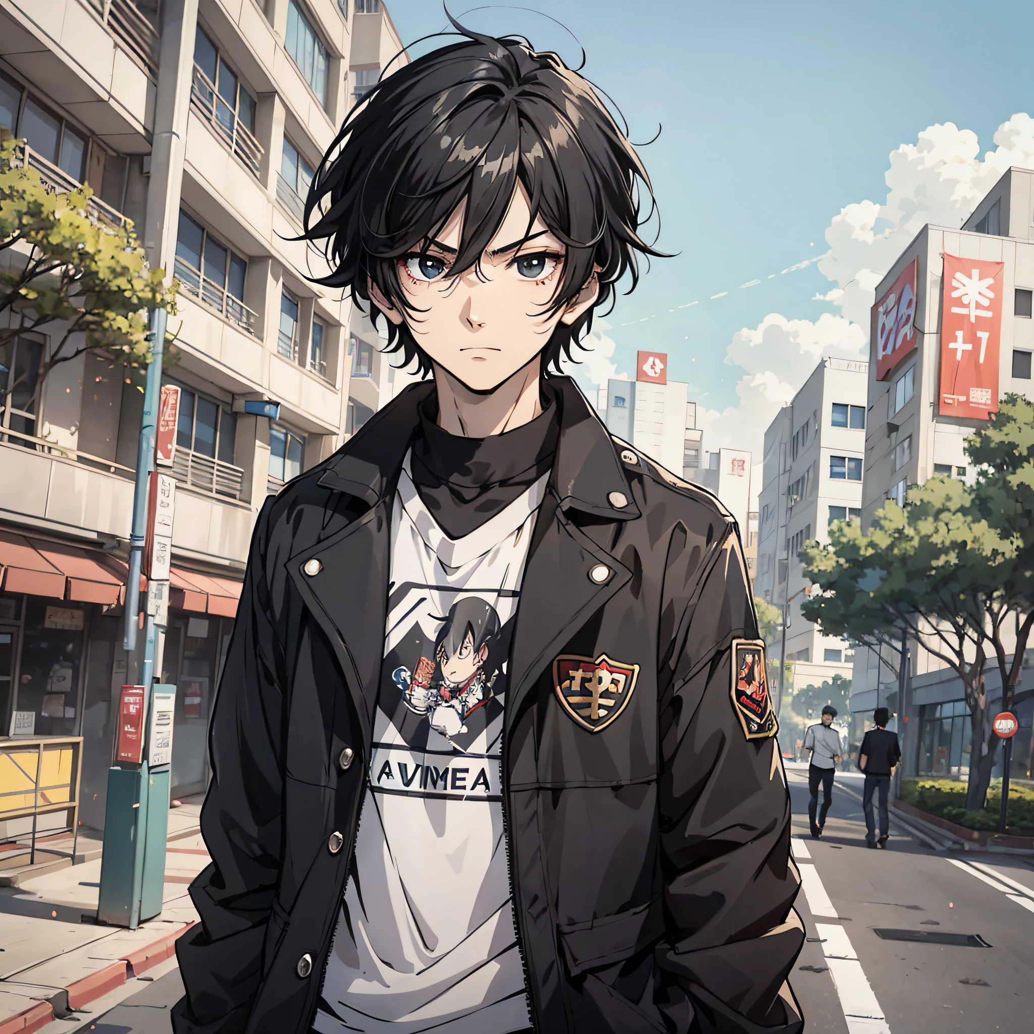 Anime style 4k,Anime rendering,style of anime,China Campus,A young man with messy black hair,on the campus,serious expressions
