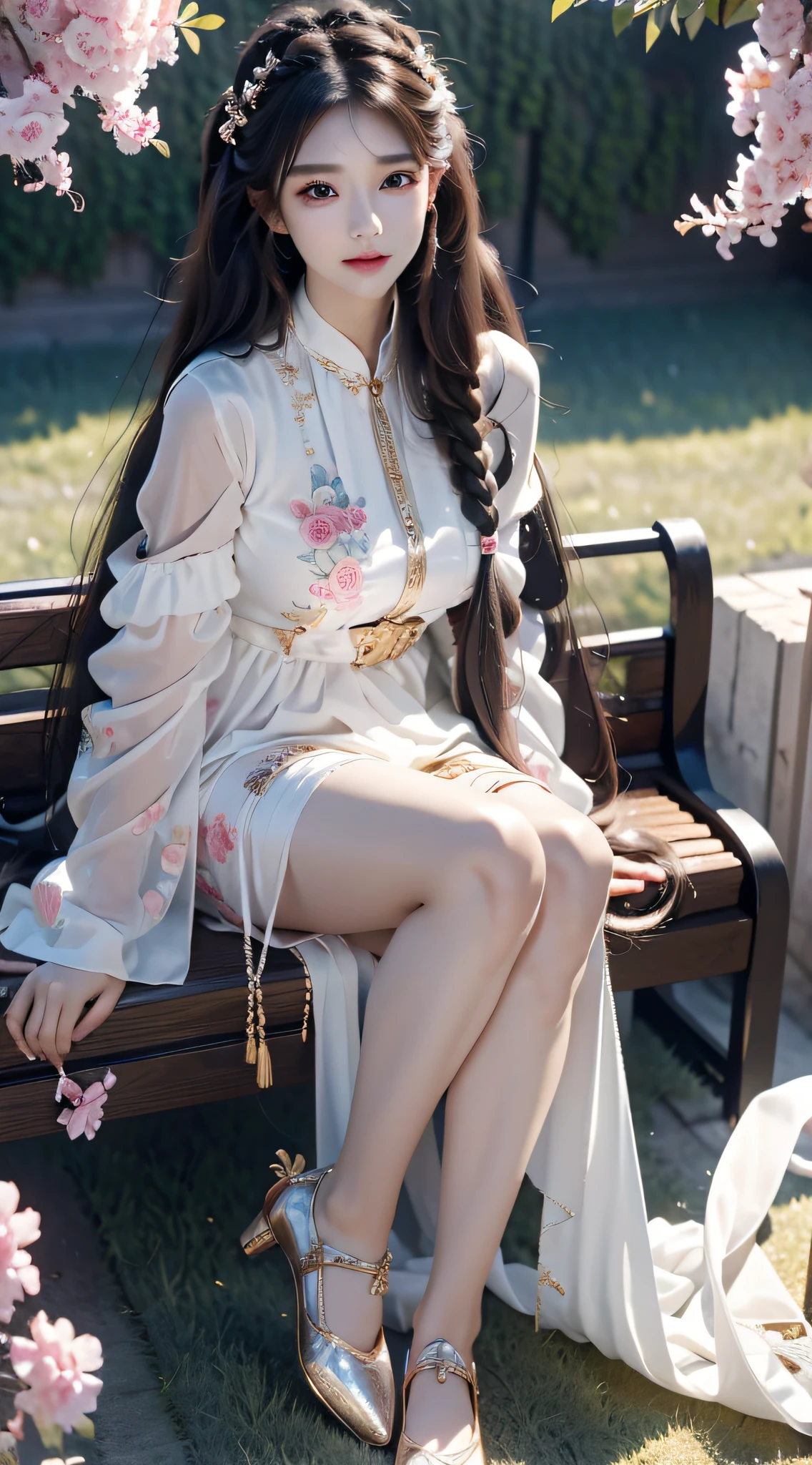 high detal,8K分辨率,超高分辨率,A young girl, A cute girl,Rainbow bright light long hair twisted braids,Colorful clear eyes,Wearing colorful flowers on the head,(Smooth hair,鎖骨,Exquisite and perfect facial features, the most beautiful big eyes,Long eyelashes,The eyes are sweet and there are lying silkworms,ssmile,The face is clear,Complete,dynamic angle,Extreme picture quality,Highest precision,Precise and perfect human anatomy,Off-white,Garment fabrics, Cotton,There are ornaments on the hair,in a panoramic view,Full body photo,Dance in the ancient town,Active and lively