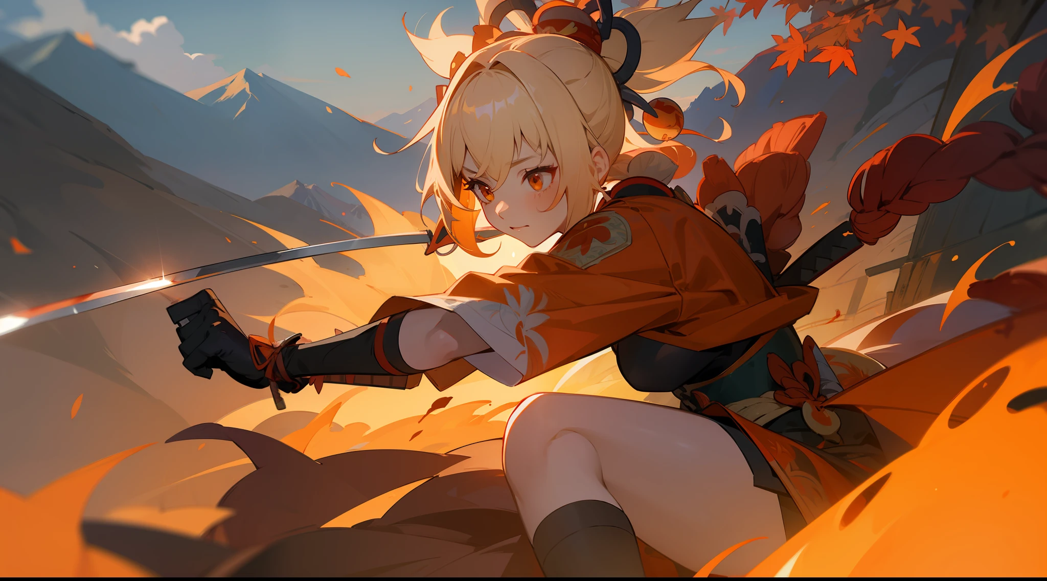 1girl, illustration, Yoimiya, katana, samurai, armor, blood, battle scar, god, power, fire, mountain, autumn, momiji, burning