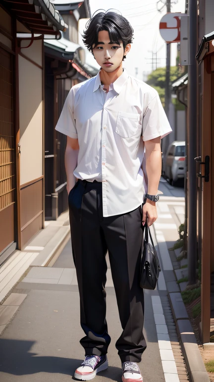 hephaestus (Japan boy)、Spectator、Wearing a shirt ,Full body,photographrealistic
