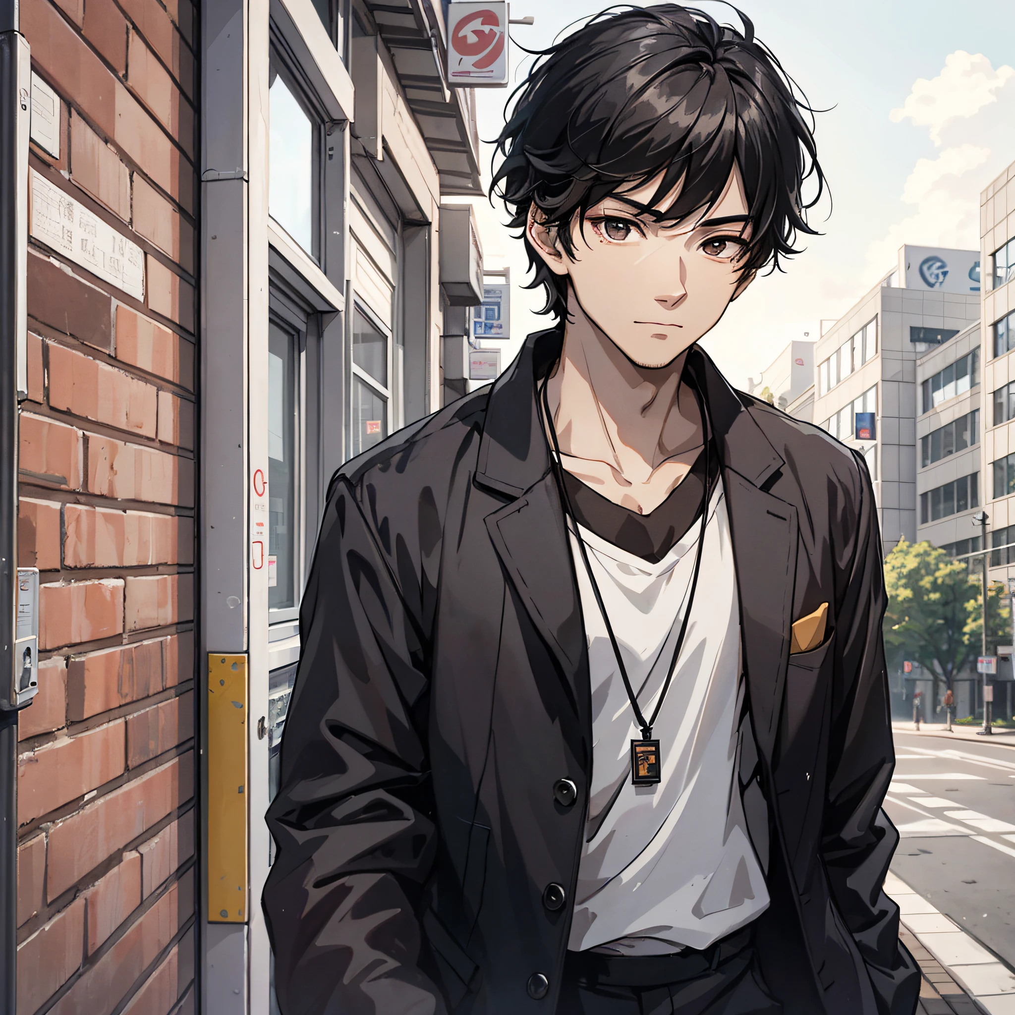 China Campus,A young man with messy black hair,on the campus,Thinking expressions