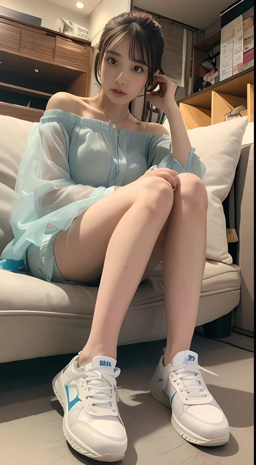 ((Best picture quality, 8K, tmasterpiece:1.3)), 1girll, Casual hairstyle, （off-shoulder blouse，Short pleated skirt：1.3）,（wet see through clothes：1.4），Ultra-fine face, A detailed eye, 二重まぶた，（long leges：1.4），（athletic sneakers：1.3），Sit on your side on the sofa
