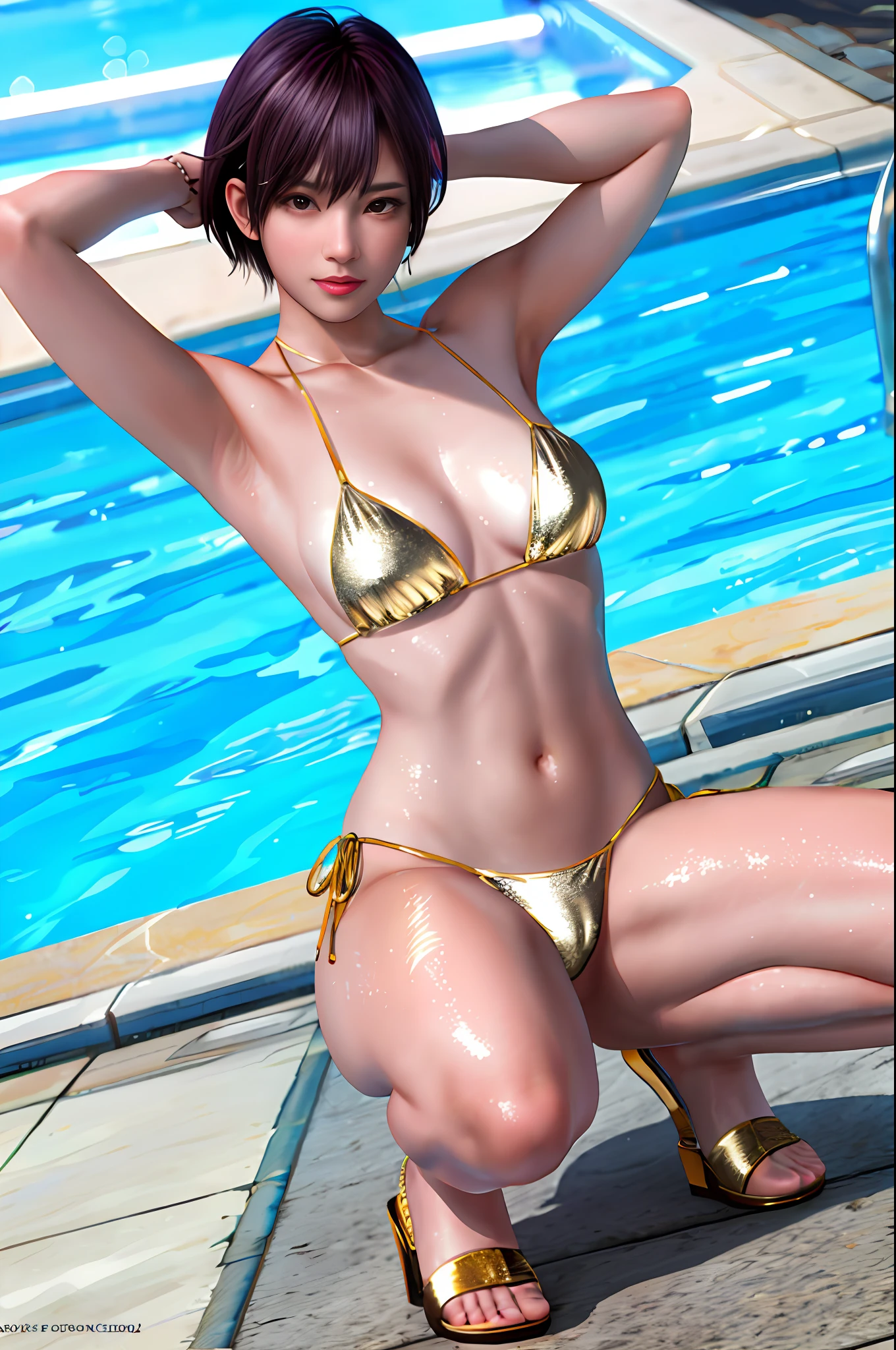 Best Quality, Best Quality, 8K Quality, 1 Girl, Full Body, Nagisa, Embarrassing, Blushing, Irritated, Beautiful, Gold Metallic, Micro Bikini, Hard Nipples, Crotch Penetration, Gold Metallic Pin Heels, Squatting on the Ground, Crotch Wide Open from Side to Side, Arms Behind Head, Show Off Armpits, Staring at Viewer, Facing the Viewer, Showing Off Your Crotch to Viewer, (( Frontal shot)), poolside, professional lighting, professional photography