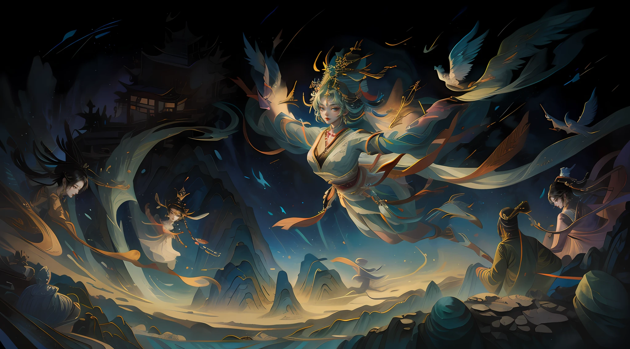 offcial art，Extremely detailed，Dunhuang Flying Sky，Nine Heavenly Goddesses，Celestial，Immortals