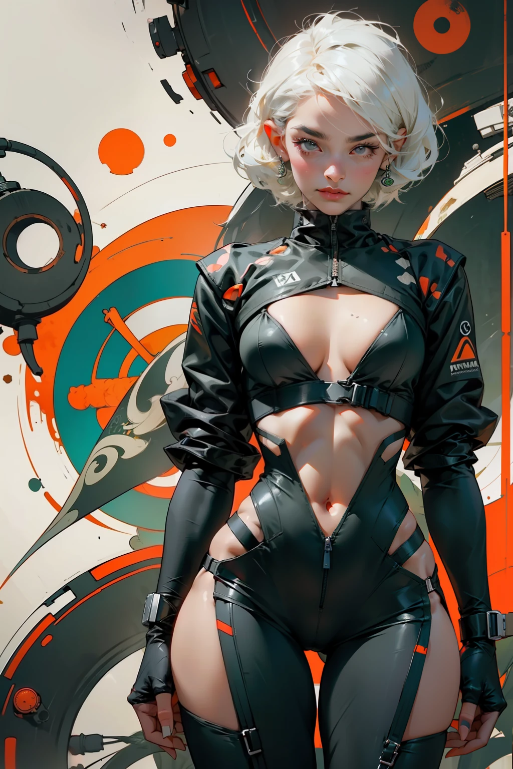 laranja, rosa, branco, verde, (mulher de cabelo Cruella), tatuagens, (roupas techwear: 1.1), abstract lines and background circles, corpo inteiro