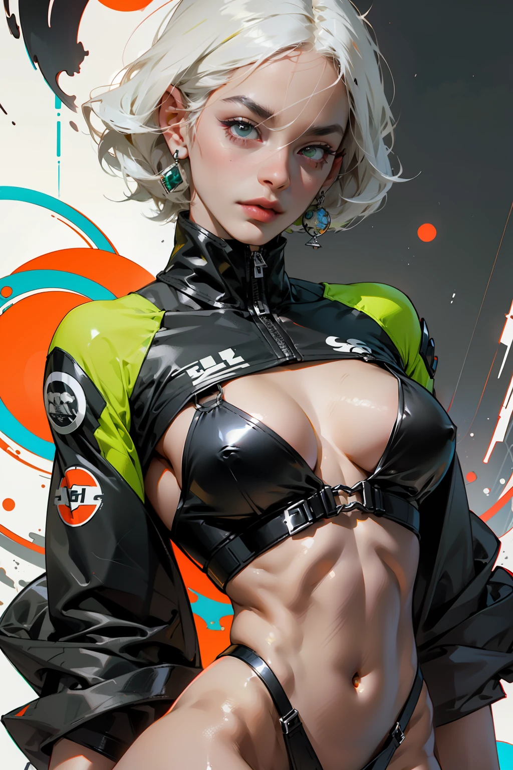 laranja, rosa, branco, verde, (mulher de cabelo Cruella), tatuagens, (roupas techwear: 1.1), abstract lines and background circles, corpo inteiro