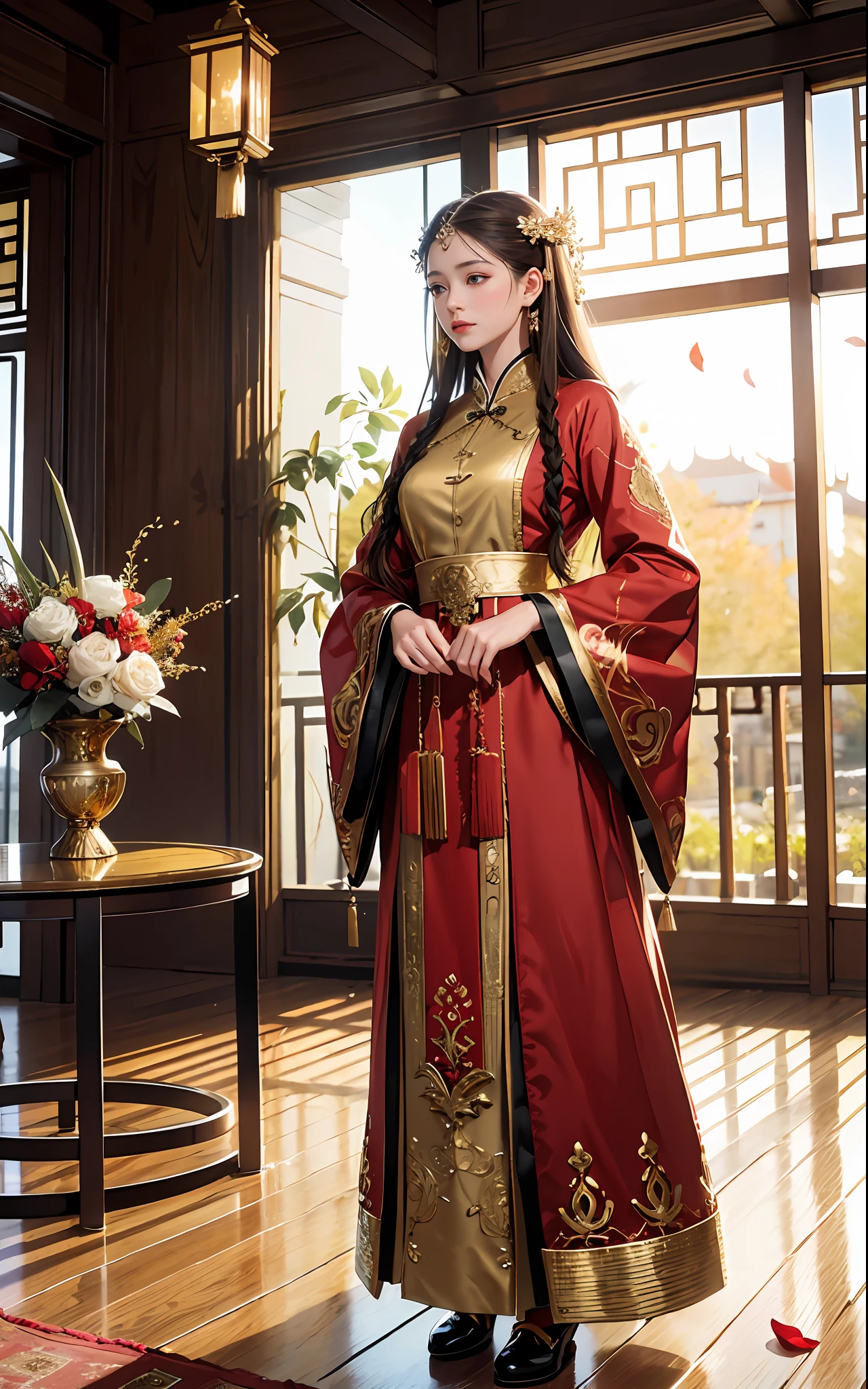best quality, masterpiece, highres, (exquisite body:1.5),gorgeous face,(milky skin:1.3),intricate details,high resolution,wallpaper,
1girl, solo, dress, hair ornament, (((gold and red dress))), flowers, long hair, brown hair, closed mouth, jewelry, long sleeves, hand up, wide sleeves, big eyes,floating hair, chinese clothes, hanfu, embroidery, long skirt, natural pose, falling petals, indoor,fanning, lantern,
16K,HDR,highres,depth field,(film grain:1.1),boken,golden hour,(lens flare),vignette,rainbowing,(color grading:1.5)
