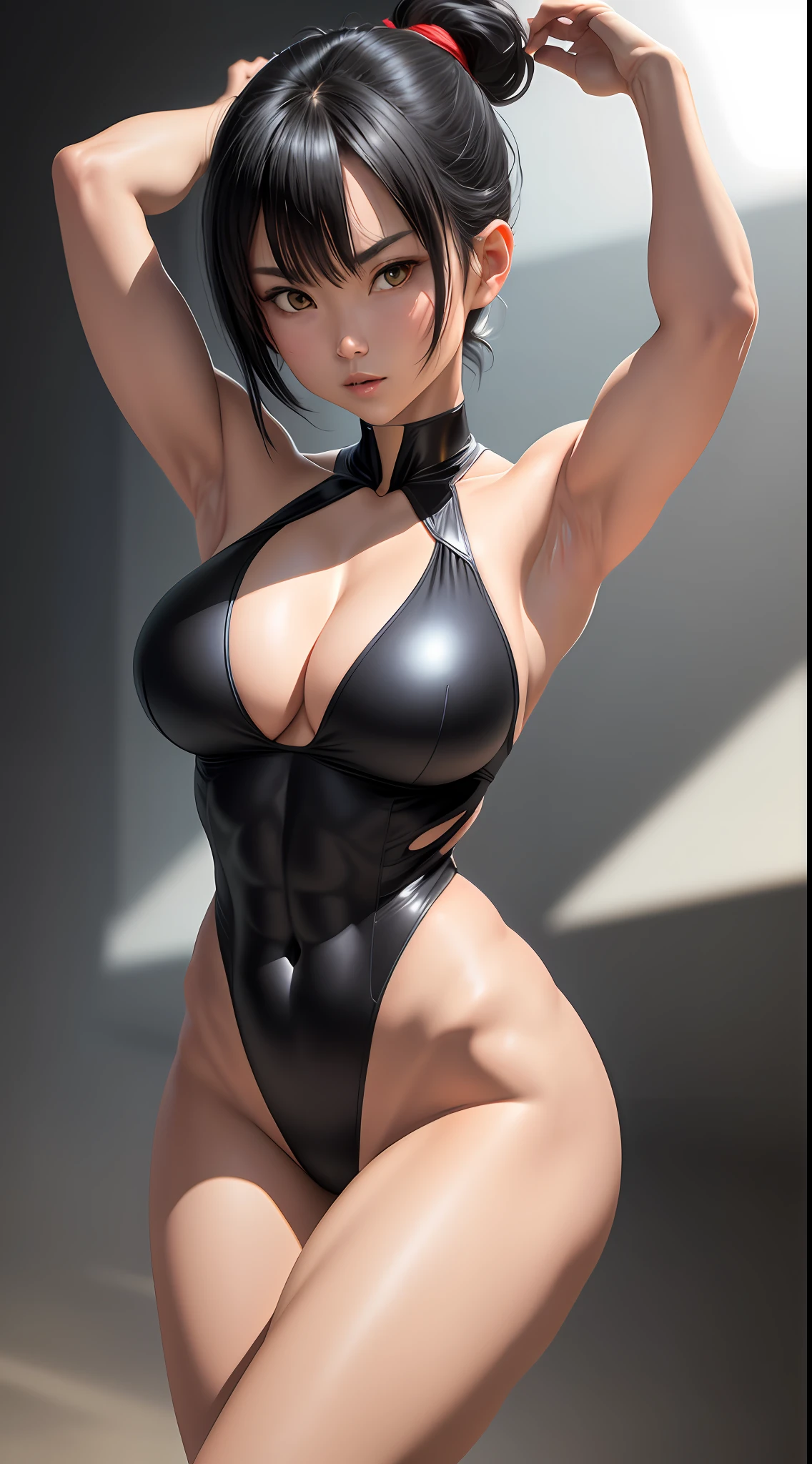 (tmasterpiece), (best qualtiy), 8K分辨率, ultra - detailed, photorealestic, photore, femele, Short black hair, Slim legs,Very full breasts,Eight-pack abs,Expose abs,Strong arms,3DMM style,White ultra-high fork ultra-deep V three-piece swimsuit,fully body photo,Face the camera with your entire body,Look at the camera,arms stretched wide,extremely giant breasts