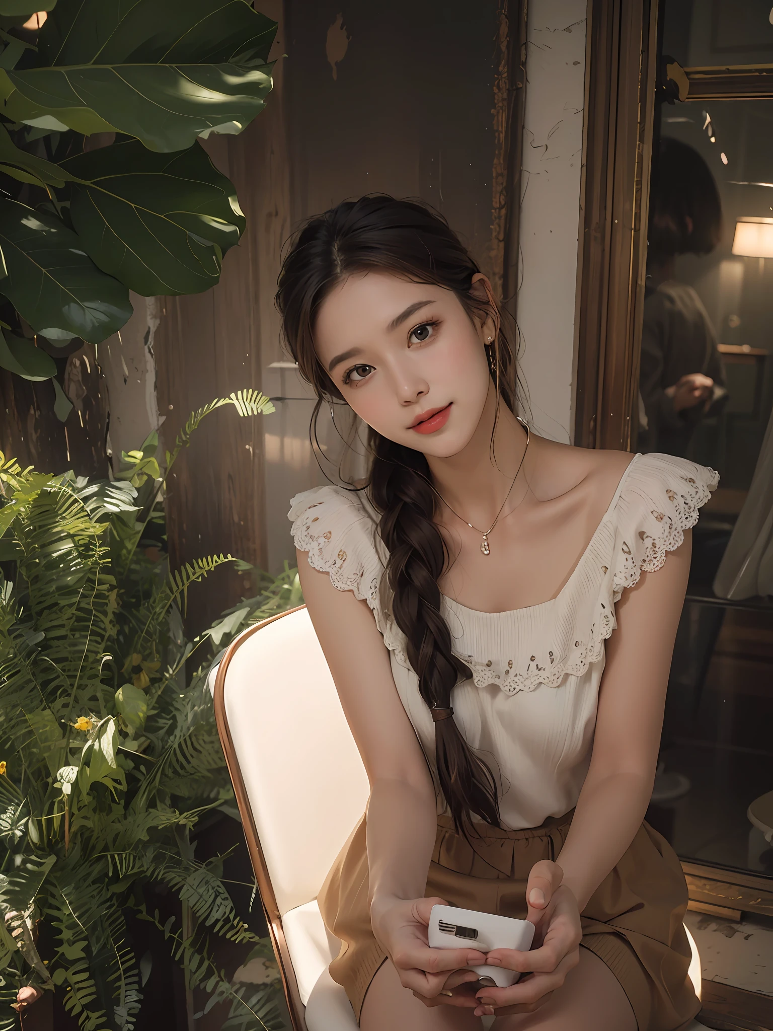 best quality, masterpiece, ultra high res, photorealistic, 1girl, offshoulder, smile, oversized_sweater, soft lighting, detailed skin,brown hair