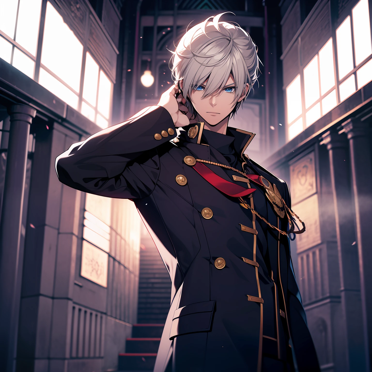 young boy, long white hair, blue eyes, with class zero uniform, Final Fantasy Type-0, black uniform, in a tower, Looking at Viewer, 4k, good anatomy, master piece