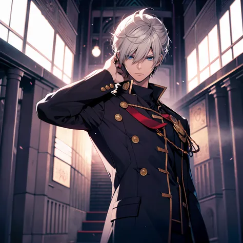 young boy, long white hair, blue eyes, with class zero uniform, final fantasy type-0, black uniform, in a tower, looking at view...