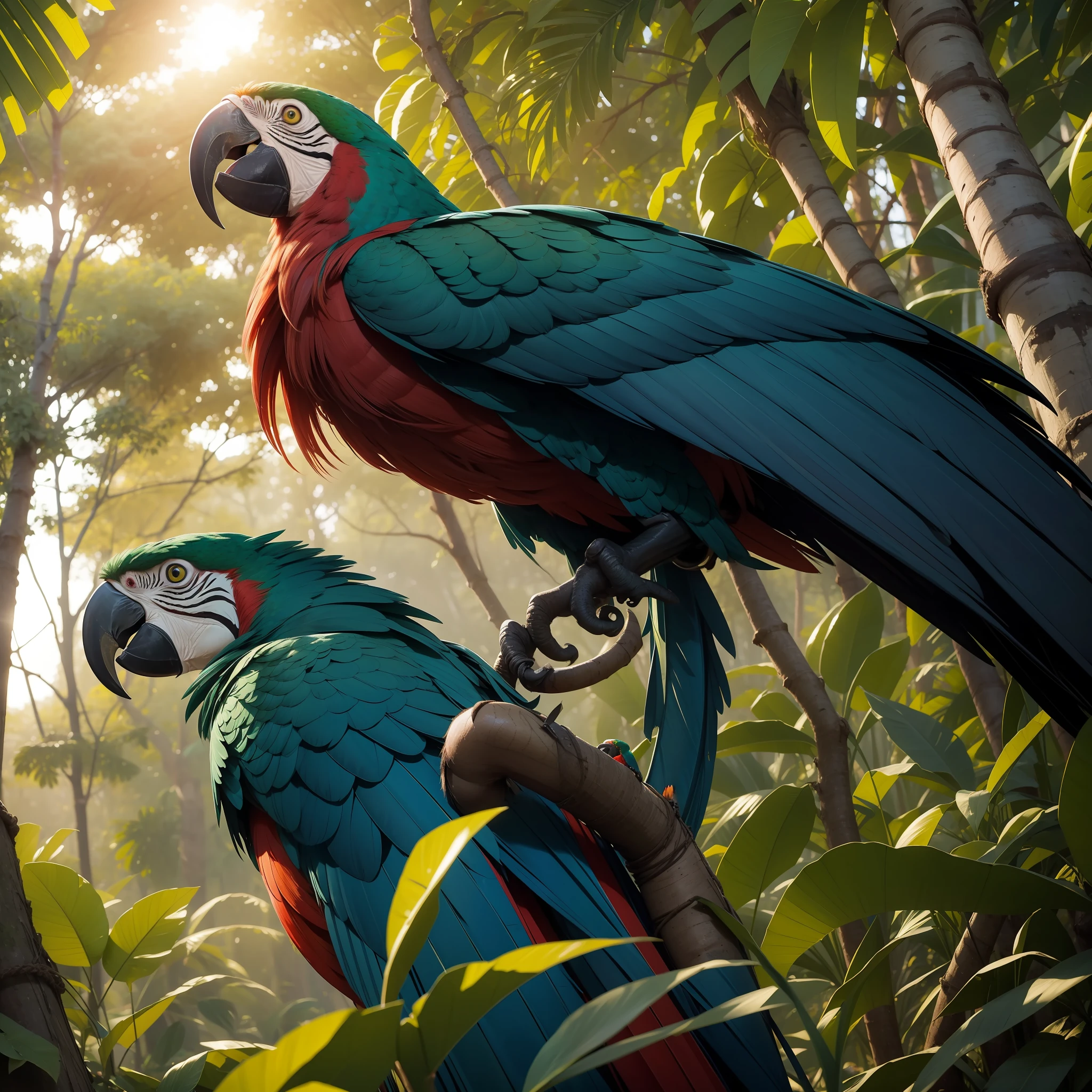 (in perspective) a gorgeous, sexy, sexy, hot, perfect 23-year-old, red hair, green eyes, Solo character, Inca woman, anthropozoomorph, humanoid, large feathers, macaw parrot wings on the back, very tanned skin, full body, menacing face, tall, background forest, sunset, human, [blue parrot head:1.5], green forest, amazon, sunset, branches, sunshine)