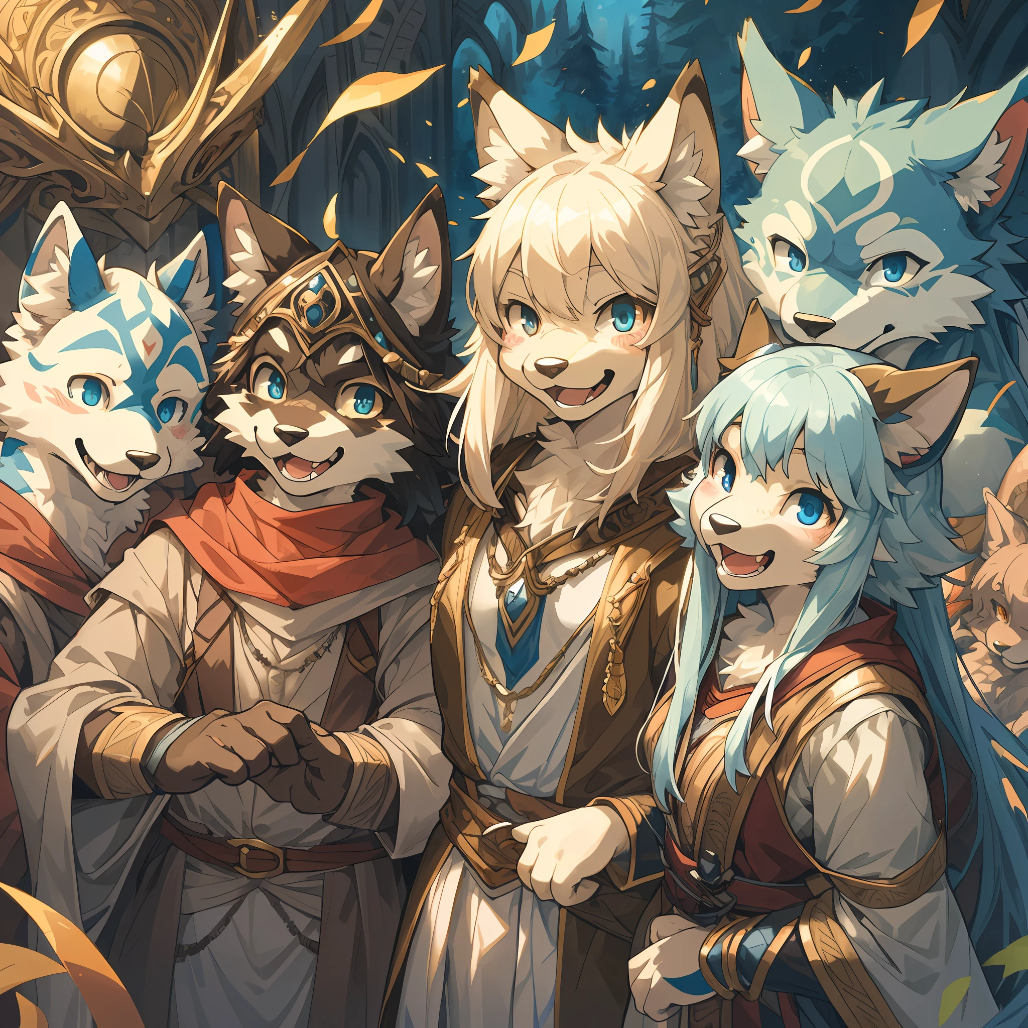 dynamic angle, top quality, best quality, High-quality illustrations, masterpiece, super high resolution, detailed background, detailed background, The Lord of the Rings, group shot:0.1, 6+boys, 6+girls, Happy, joyful, absurdres(highly detailed beautiful face and eyes)perfect anatomy(kemono, furry anthro),