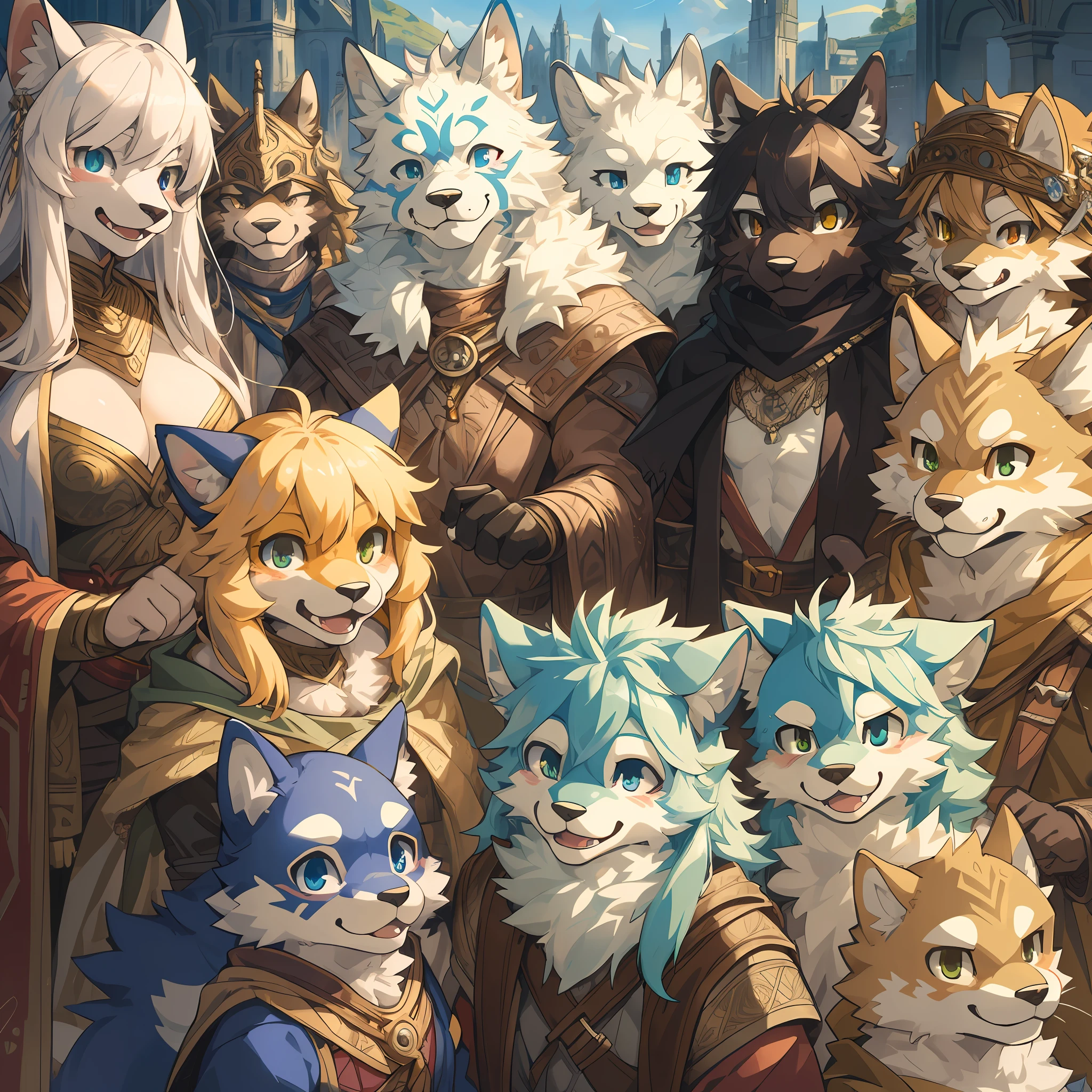 dynamic angle, top quality, best quality, High-quality illustrations, masterpiece, super high resolution, detailed background, detailed background, The Lord of the Rings, group shot:0.1, 6+boys, 6+girls, Happy, joyful, absurdres(highly detailed beautiful face and eyes)perfect anatomy(kemono, furry anthro),