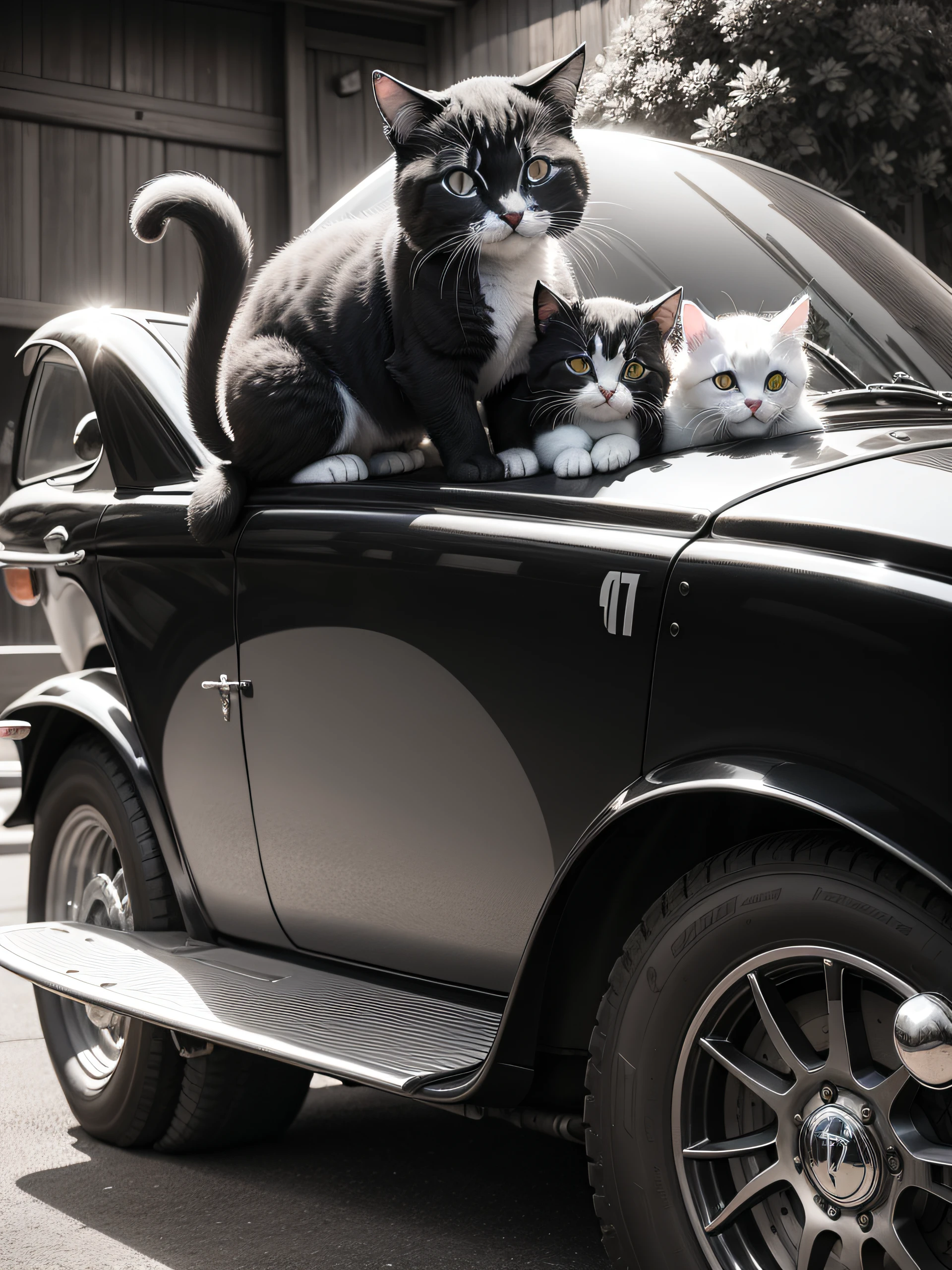 Black and white soft bristles、A couple of two kittens、Basking、On the hood of an Enzo Ferrari