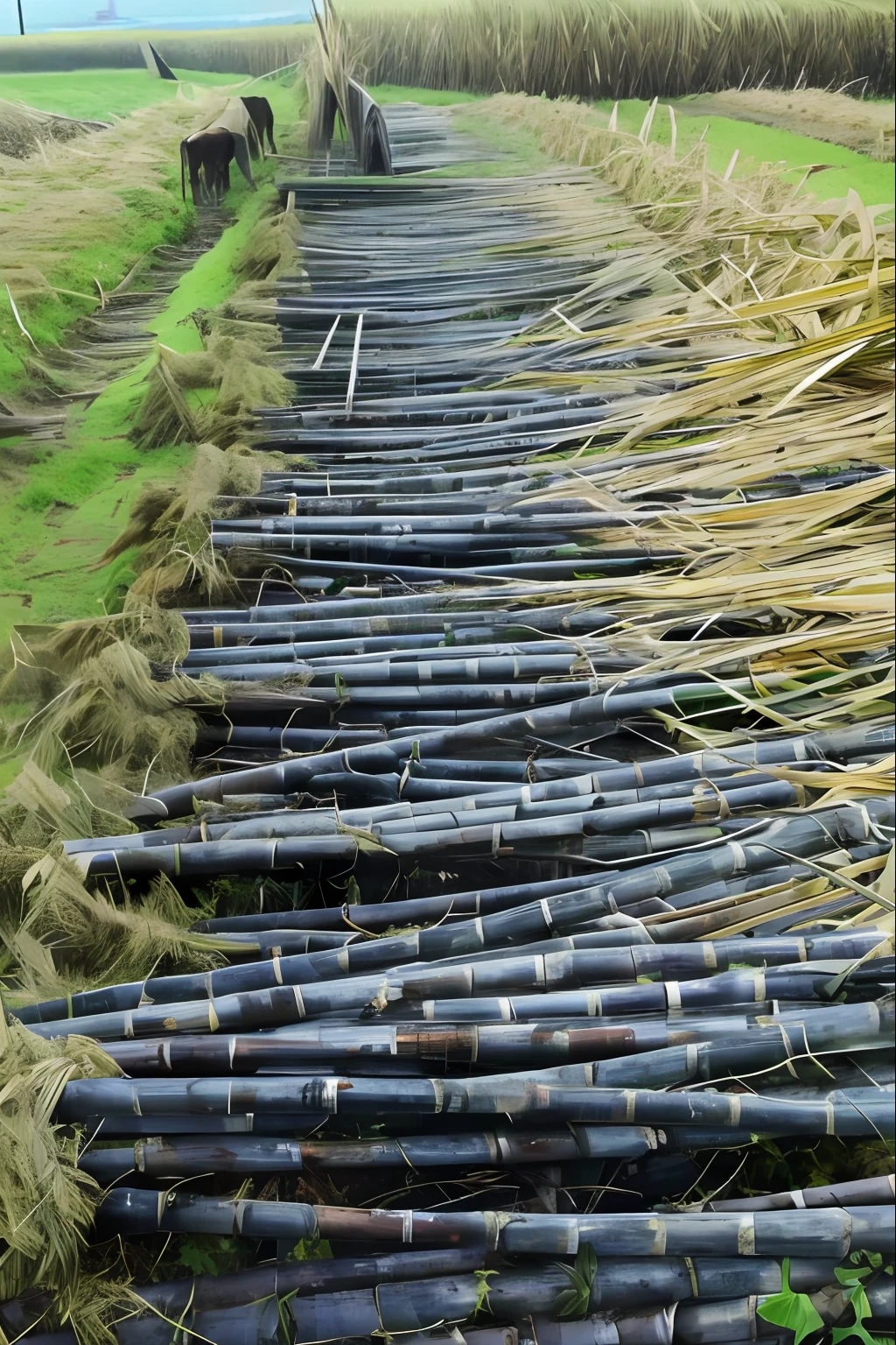 Vines are piled up on a path in the field, Cane, in rows, Stems, Bamboo, dried palmtrees, straw, rows of lush crops, long vines, Bull punch, portrait of a big, bamboos, Farming, phragmites, reeds, Long, author：Hannah Tompkins, illustration, short, leaked image, information, version 3, Walking