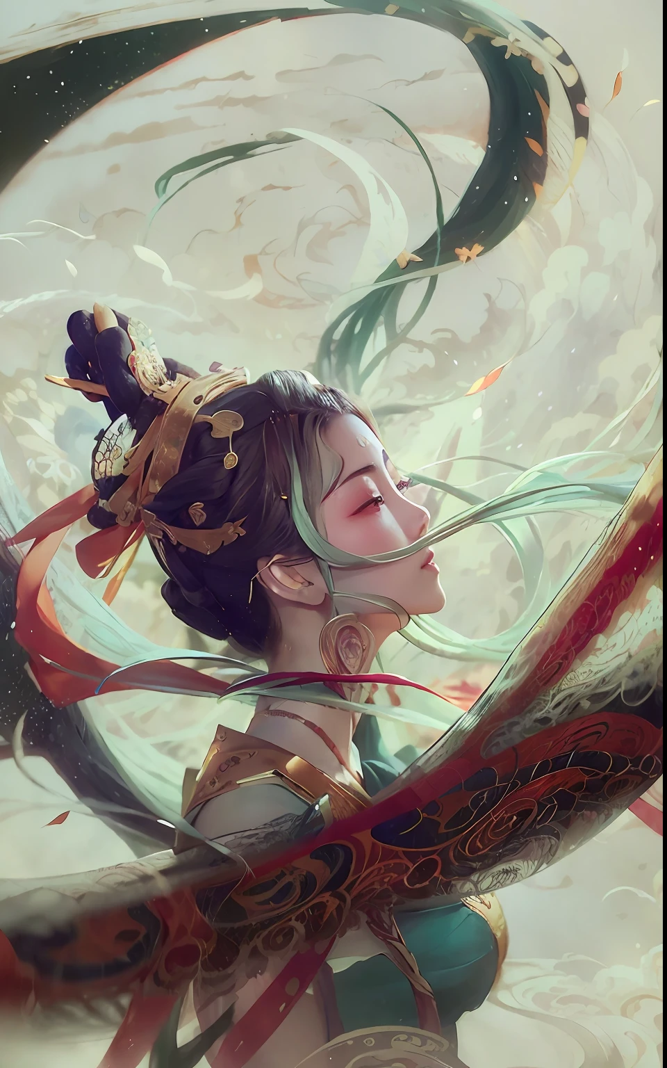 Flowing, coiled hair，Beautiful art illustration in Dunhuang style，Li Song's digital painting style，Exudes intricate artistic inspiration，From the sleeping wolf、Guviz、Digital concept art illustration by Artgerm and Atey Ghailan，Beautiful side face