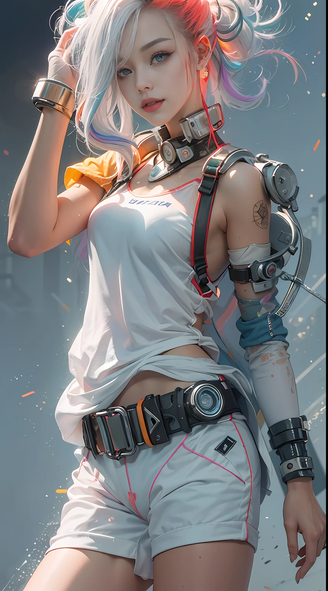 masterpiece, best quality, high quality, superdetailed, high_res, high contrast, photorealistic character, ((( Lucy))) ((cyberpunk edge runners)), white color, rainbow dyed color with white color hair, black top, black panties, white open top shirt, perfect breasts, superdetailed face, paled reddish skin, red oily lips, oily skin, sunkissed beauty, superrealistic, beauty model, Lucy art, smiling, long hair, full body shot