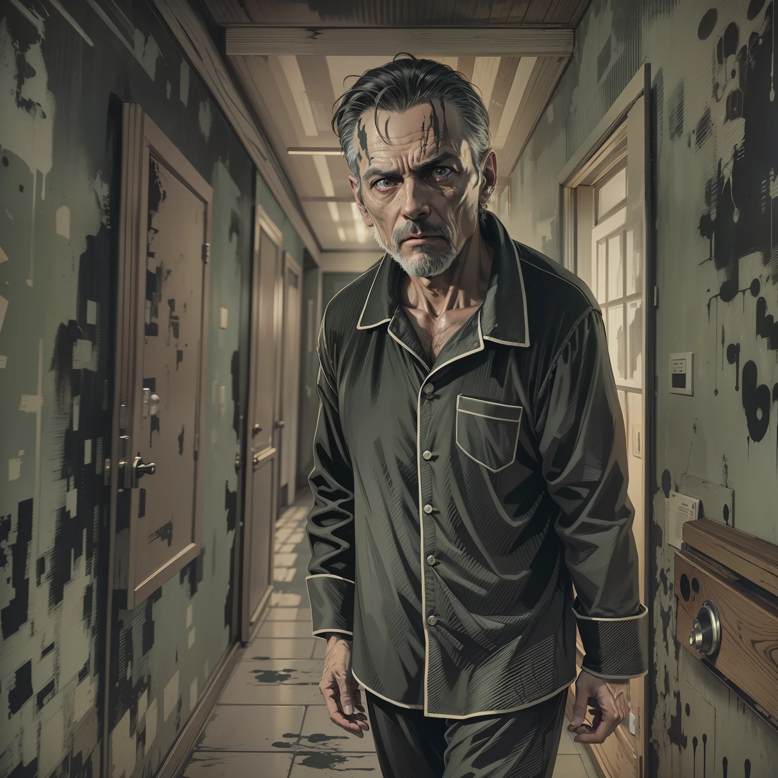 very detailed and extremely intricate 8k image in horror graphic novel style art of a 50 year old man, confused, very detailed eyes, dressed in black pajamas, walking in a hallway of a simple house with walls with worn paint, night