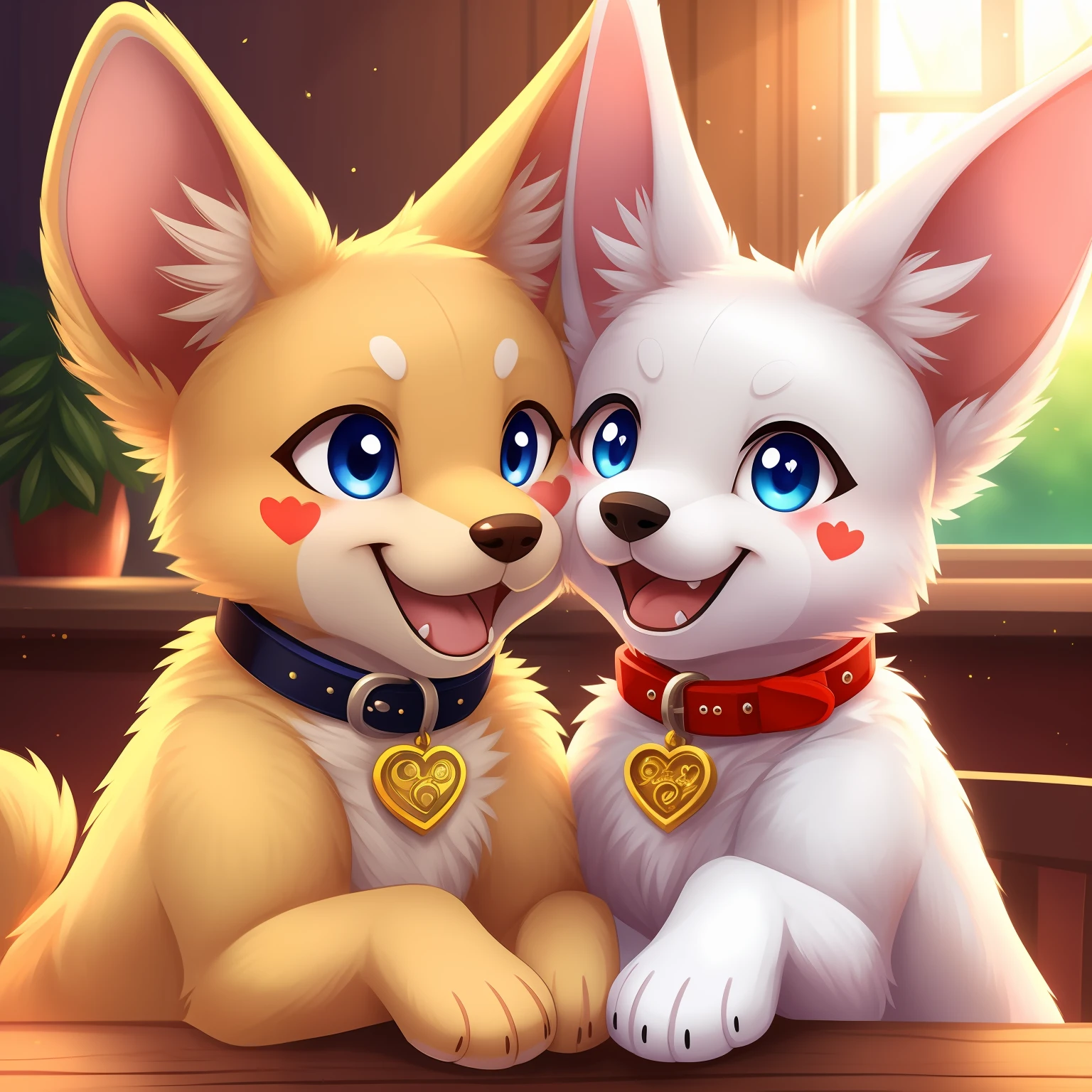 (masterpiece)8K分辨率、top-quality、Adorable dog character with cheerful smile and big ears。Collar and heart motif、Express fidelity or affection。