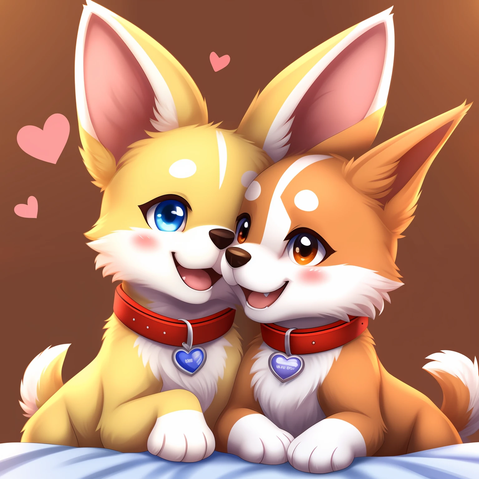 (masterpiece)8K分辨率、top-quality、Adorable dog character with cheerful smile and big ears。Collar and heart motif、Express fidelity or affection。