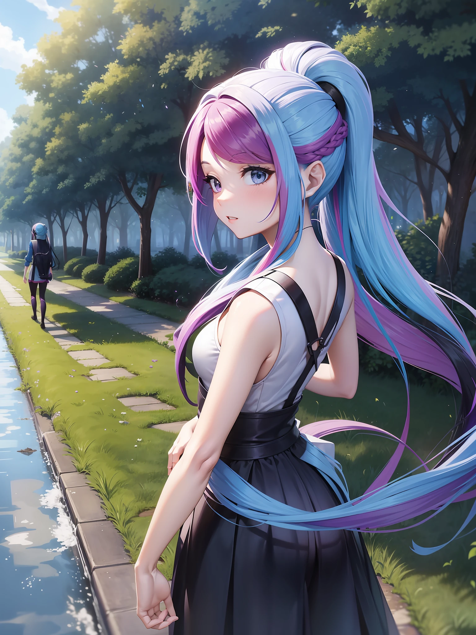 vidia caminando junto a un rio, ponytail, very long hair, (multicolored hair:1.4 black and purple), dia caluroso, hombros desnudos, looking back