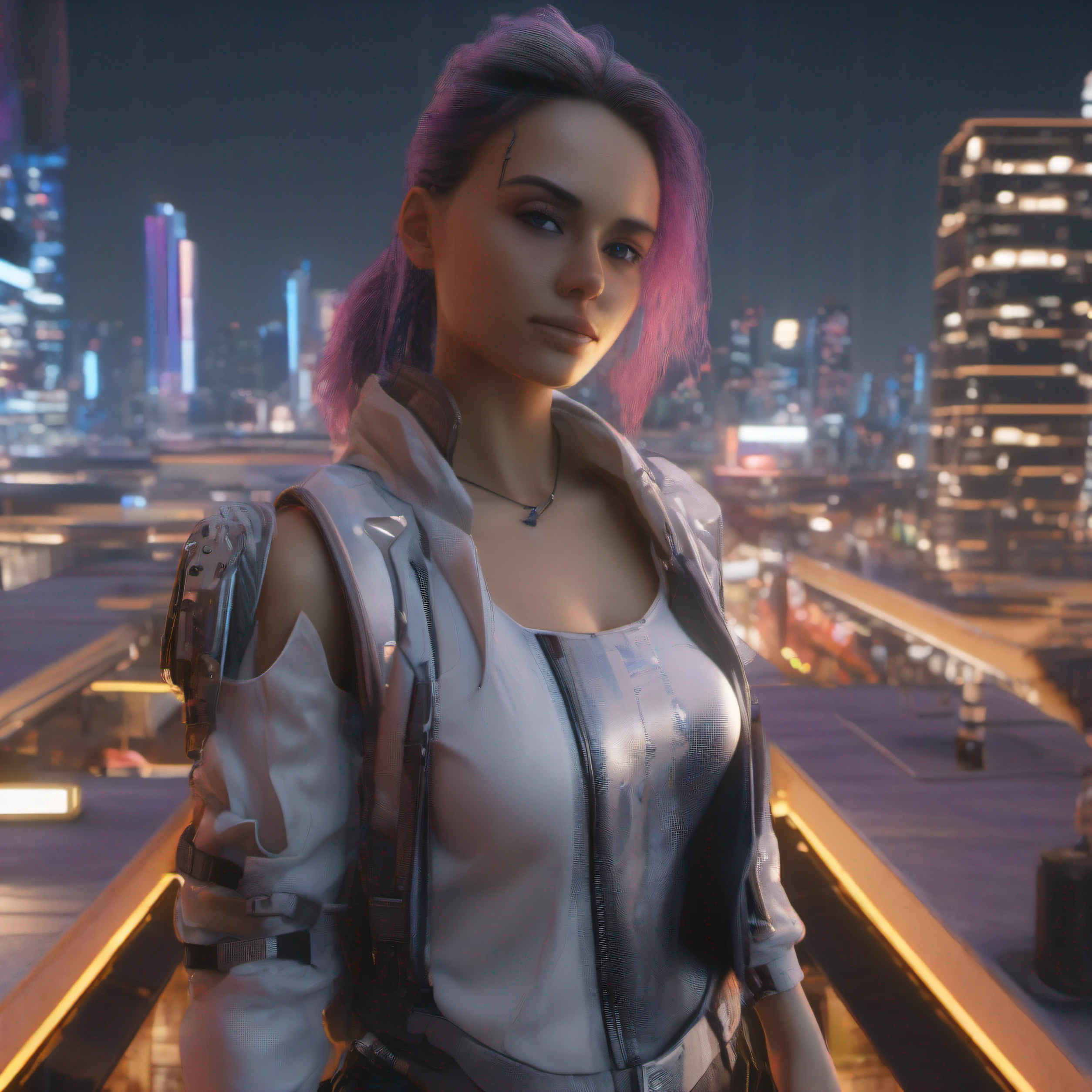 ((Best quality)), ((masterpiece)), (detailed:1.4), 3D, an image of a beautiful cyberpunk female,HDR (High Dynamic Range),Ray Tracing,NVIDIA RTX,Super-Resolution,Unreal 5,Subsurface scattering,PBR Texturing,Post-processing,Anisotropic Filtering,Depth-of-field,Maximum clarity and sharpness,Multi-layered textures,Albedo and Specular maps,Surface shading,Accurate simulation of light-material interaction,Perfect proportions,Octane Render,Two-tone lighting,Wide aperture,Low ISO,White balance,Rule of thirds,8K RAW, walking on a city rooftop, midnight, neon future city, city in 2099