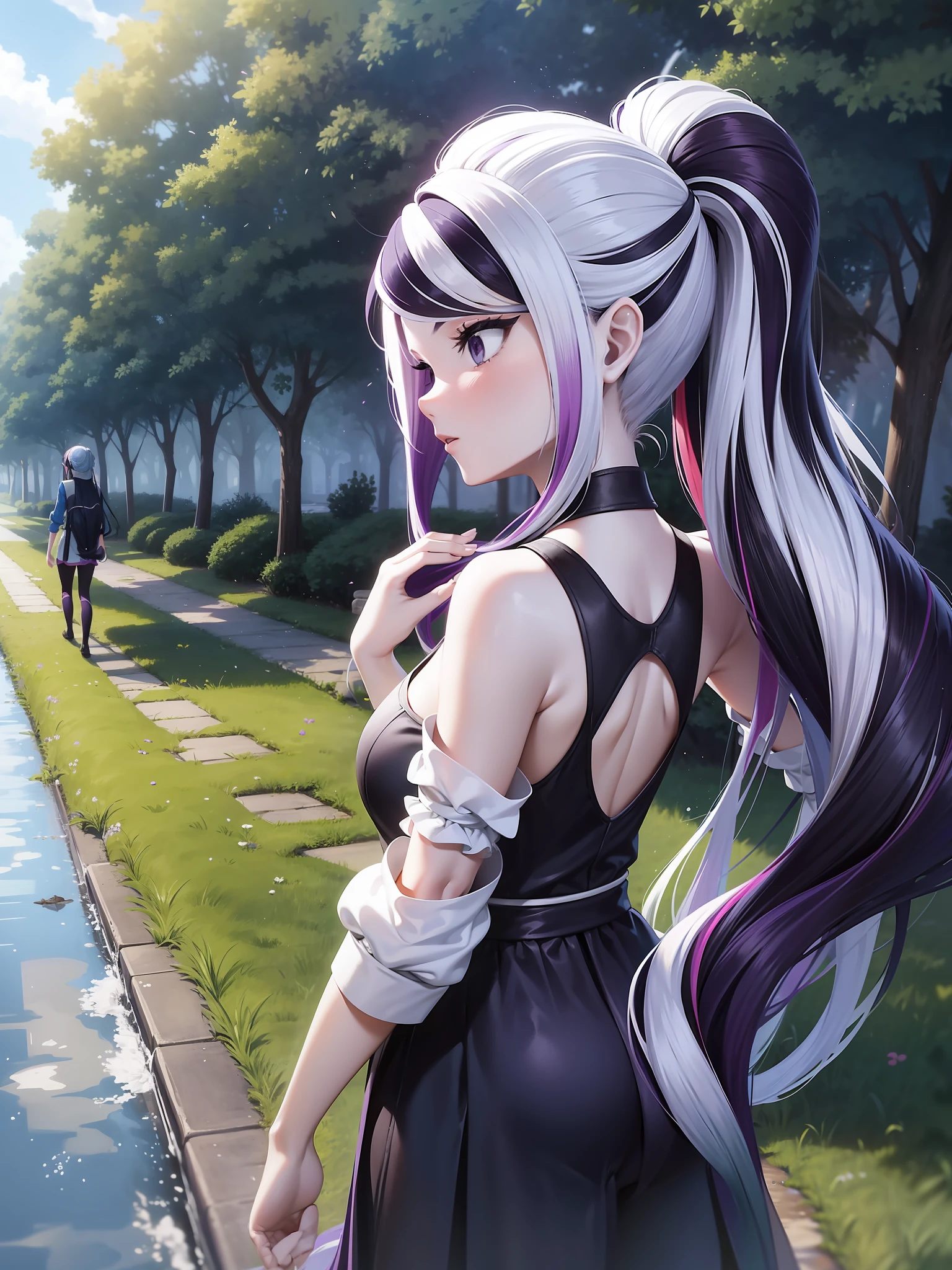 vidia caminando junto a un rio, ponytail, very long hair, (multicolored hair:1.4 black and purple), dia caluroso, hombros desnudos, looking back