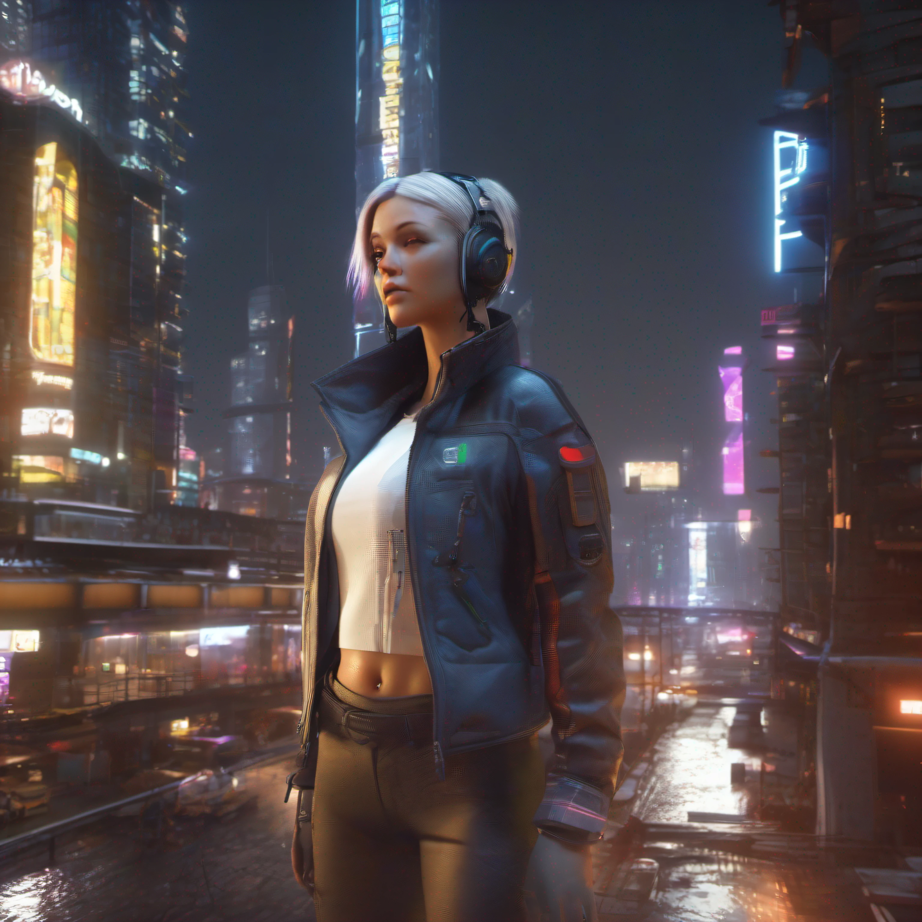 ((Best quality)), ((masterpiece)), (detailed:1.4), 3D, an image of a beautiful cyberpunk female,HDR (High Dynamic Range),Ray Tracing,NVIDIA RTX,Super-Resolution,Unreal 5,Subsurface scattering,PBR Texturing,Post-processing,Anisotropic Filtering,Depth-of-field,Maximum clarity and sharpness,Multi-layered textures,Albedo and Specular maps,Surface shading,Accurate simulation of light-material interaction,Perfect proportions,Octane Render,Two-tone lighting,Wide aperture,Low ISO,White balance,Rule of thirds,8K RAW, walking on a city rooftop, midnight, neon future city, city in 2099