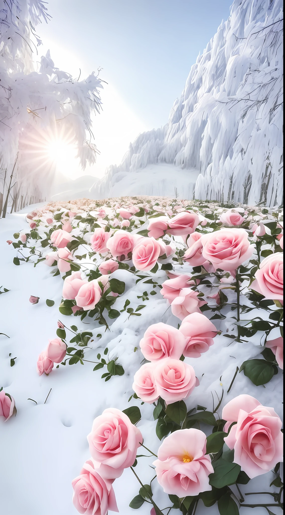 There are a lot of pink roses in the snow on the ground, Really beautiful nature, Beautiful nature, Beautiful photography, with frozen flowers around her, beautiful winter area, big breasts beautiful!, extremely beautiful and ethereal, author:Liang Kai, very beautiful photograph of, national geographic photo”, stunning cinematography, author:Cheng Jiasui, marc adamus, Beautiful flowers, Beautiful random images