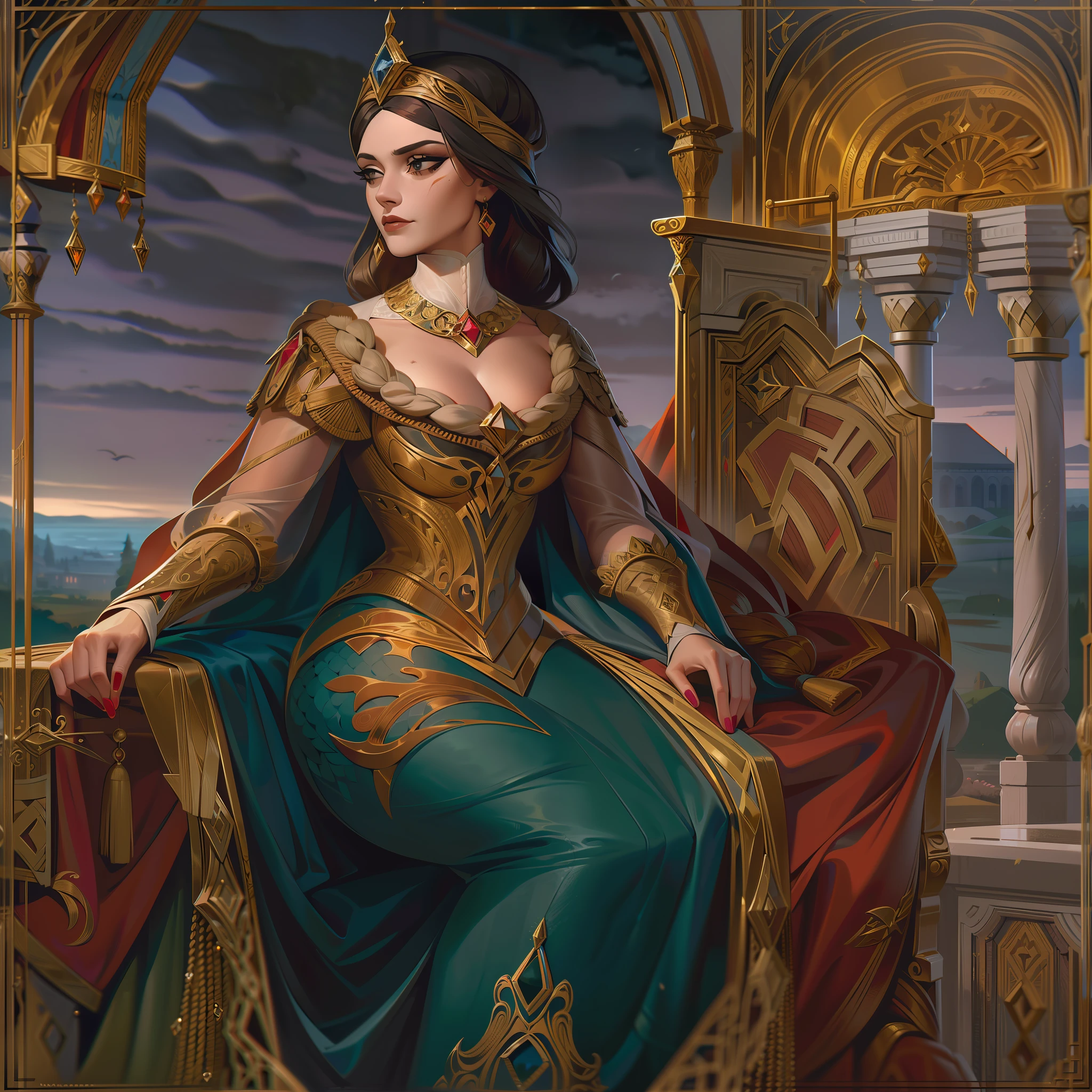"A Baronesa Ferida" is a magnificent medieval painting of the nineteenth century that depicts an imposing and majestic female figure amidst a dramatic and intriguing setting. The woman is a brown-skinned baroness, vestida com um luxuoso tecido dourado, that exudes elegance and power. Her costume is adorned with intricate details and delicate embroidery, symbolizing their position of nobility and wealth.

Contudo, despite its majestic presence, The Baroness is visibly injured. Blood stains her legs and the ground around her, sugerindo que ela enfrentou um confronto ou batalha recentemente. Her facial expression is a blend of resilience and determination, enquanto segura sua postura diante da adversidade.

The scenery around the baroness is equally striking. The medieval environment is composed of a mountainous and gloomy landscape, com nuvens carregadas pairando sobre um castelo distante. No horizonte, The setting sun casts a golden glow over the horizon, contrasting with the tense backdrop of the scene. The overall atmosphere is charged with tension and emotion, criando uma narrativa fascinante.