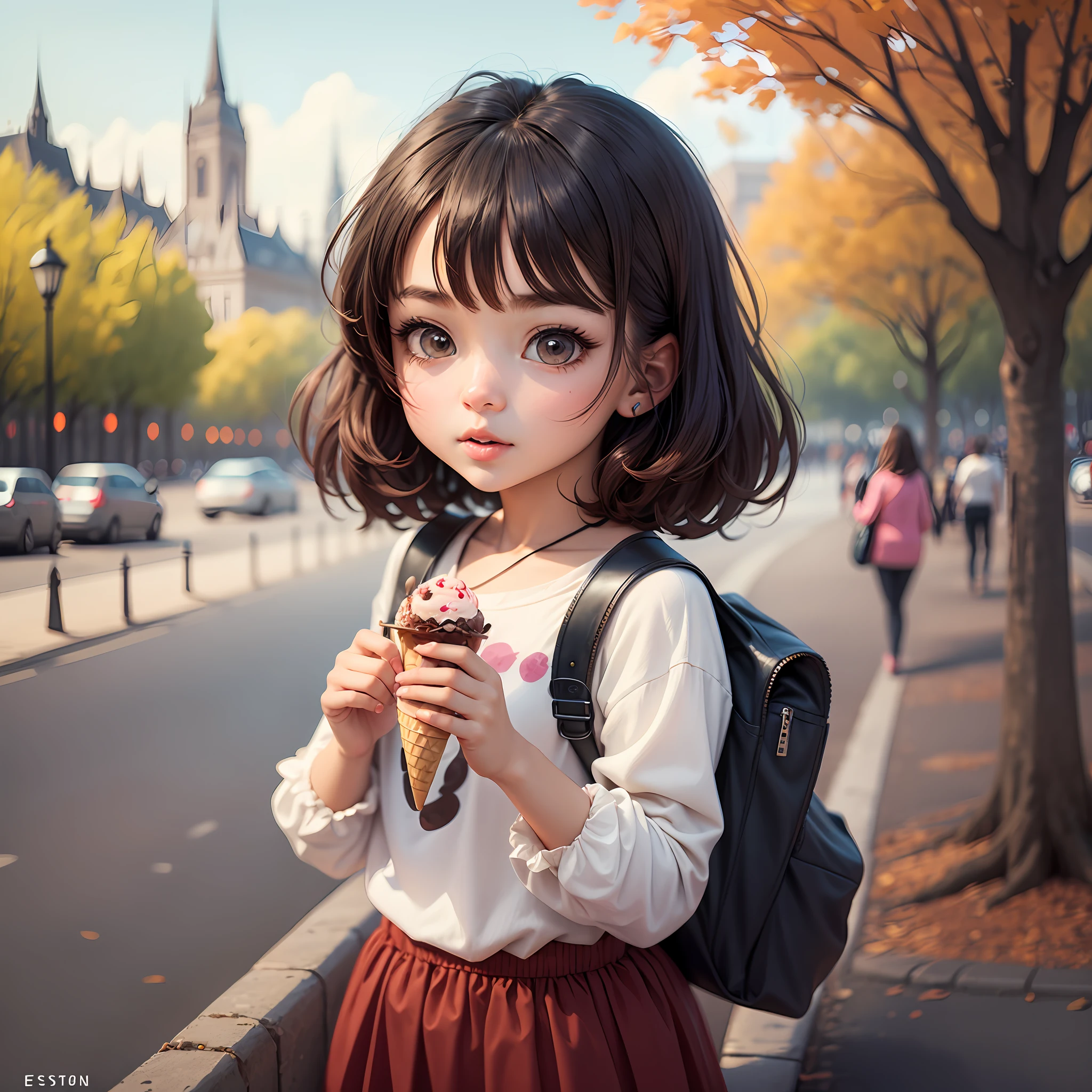 Illustration of a girl in the park with ice cream in hand, estilo chibi. --auto --s2